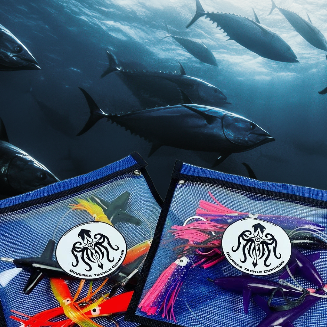 Bluefin tuna in open water with Odyssea Tackle spreader bars and tools displayed in the foreground