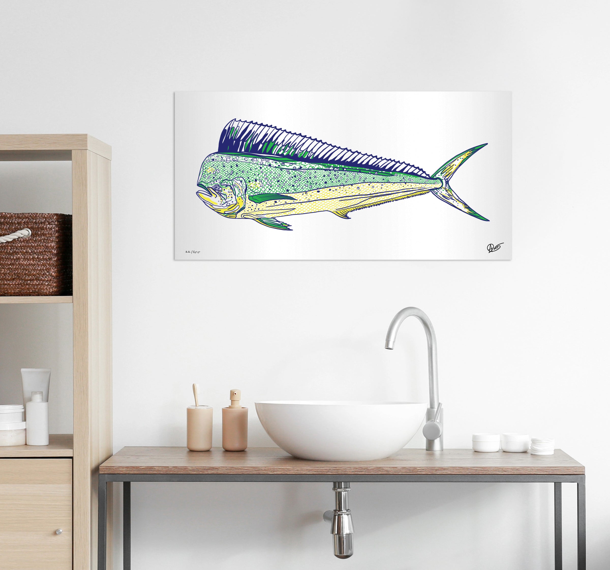 Dorado metal print on a wall above a bathroom sink with wooden cabinets.