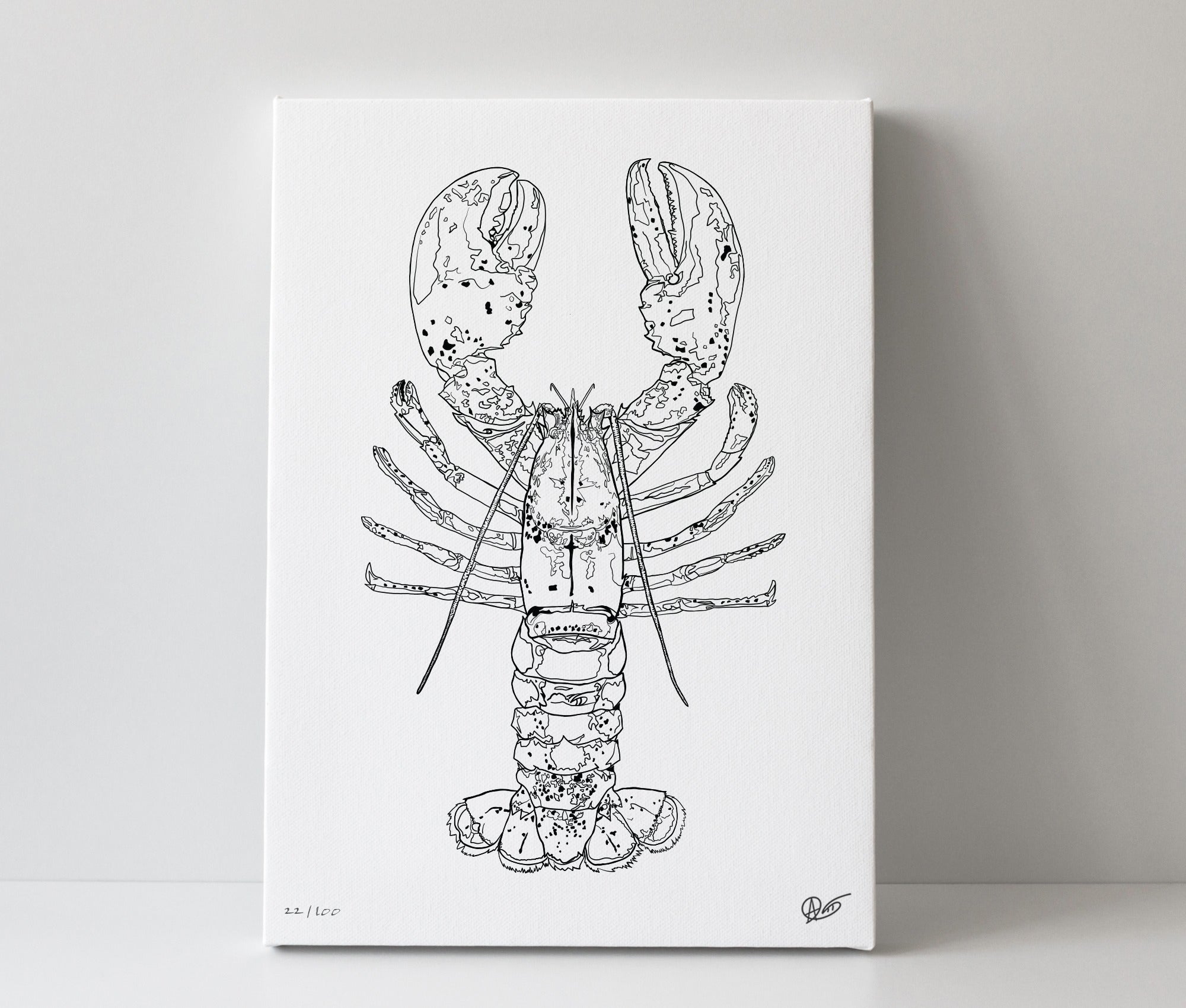 Black line drawing of a lobster on a white background
