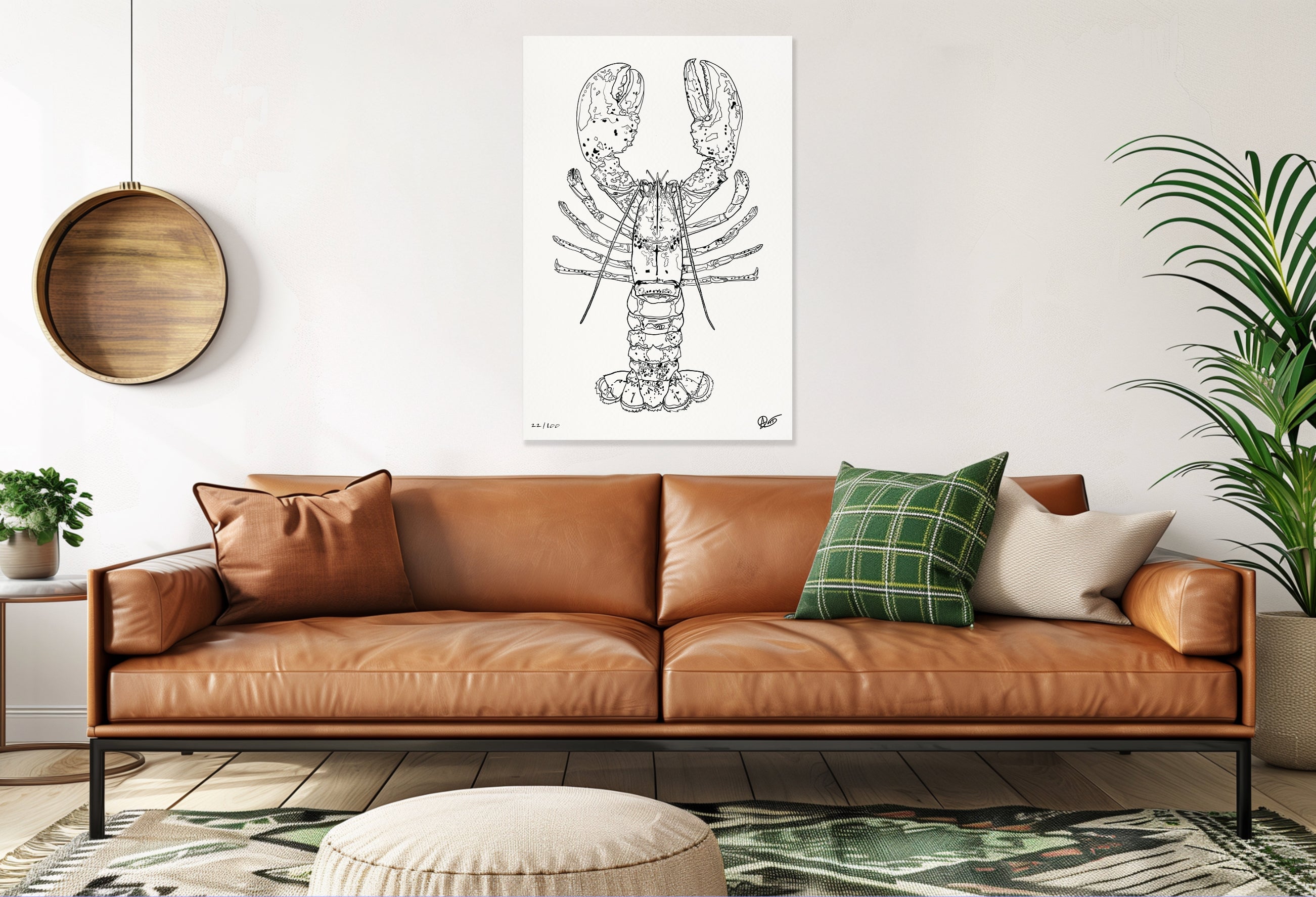 A living room setting, featuring a spiny obster illustration on the wall.