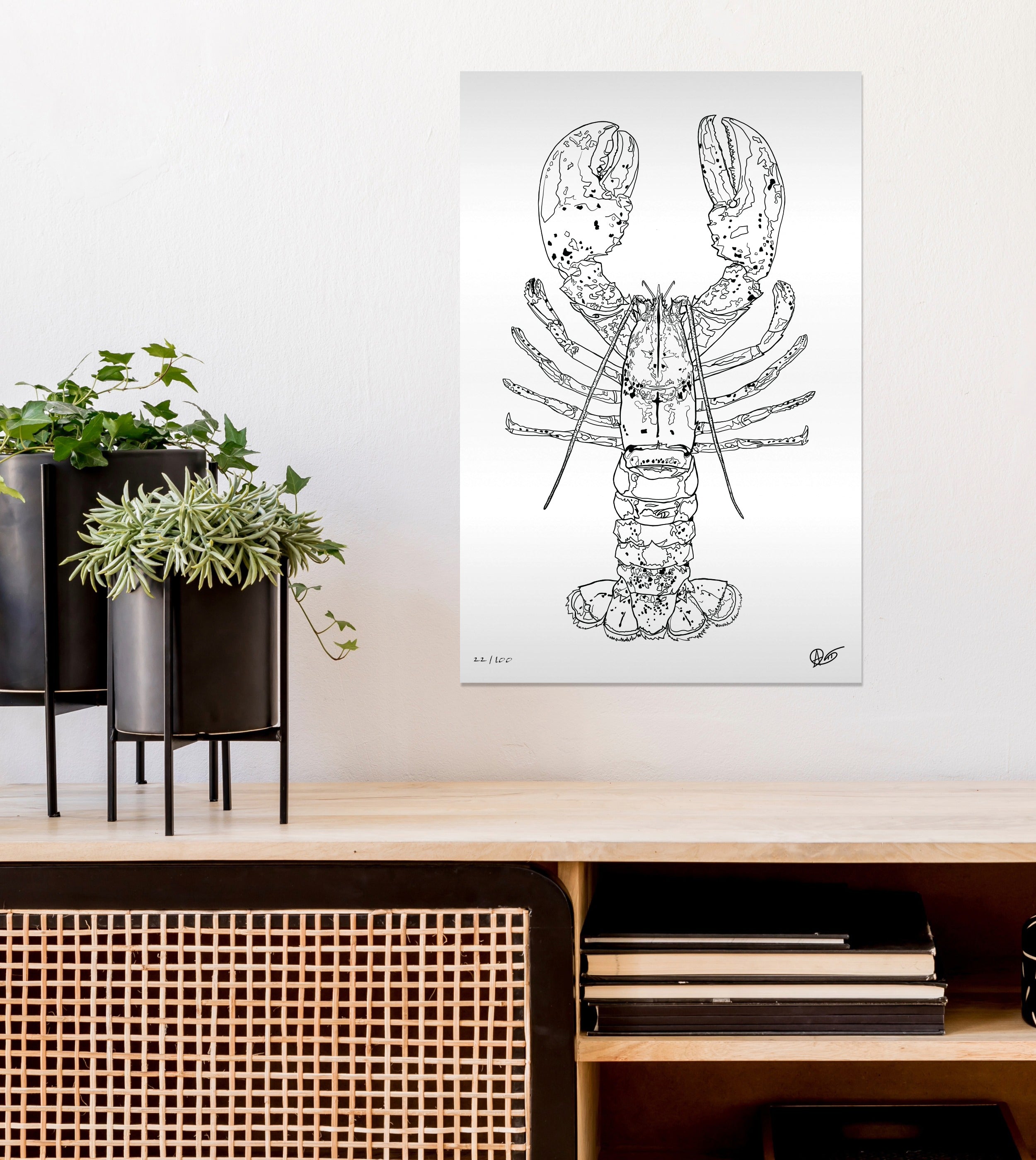 Framed artwork of a lobster design on a wall above a wooden shelf with plants and books.