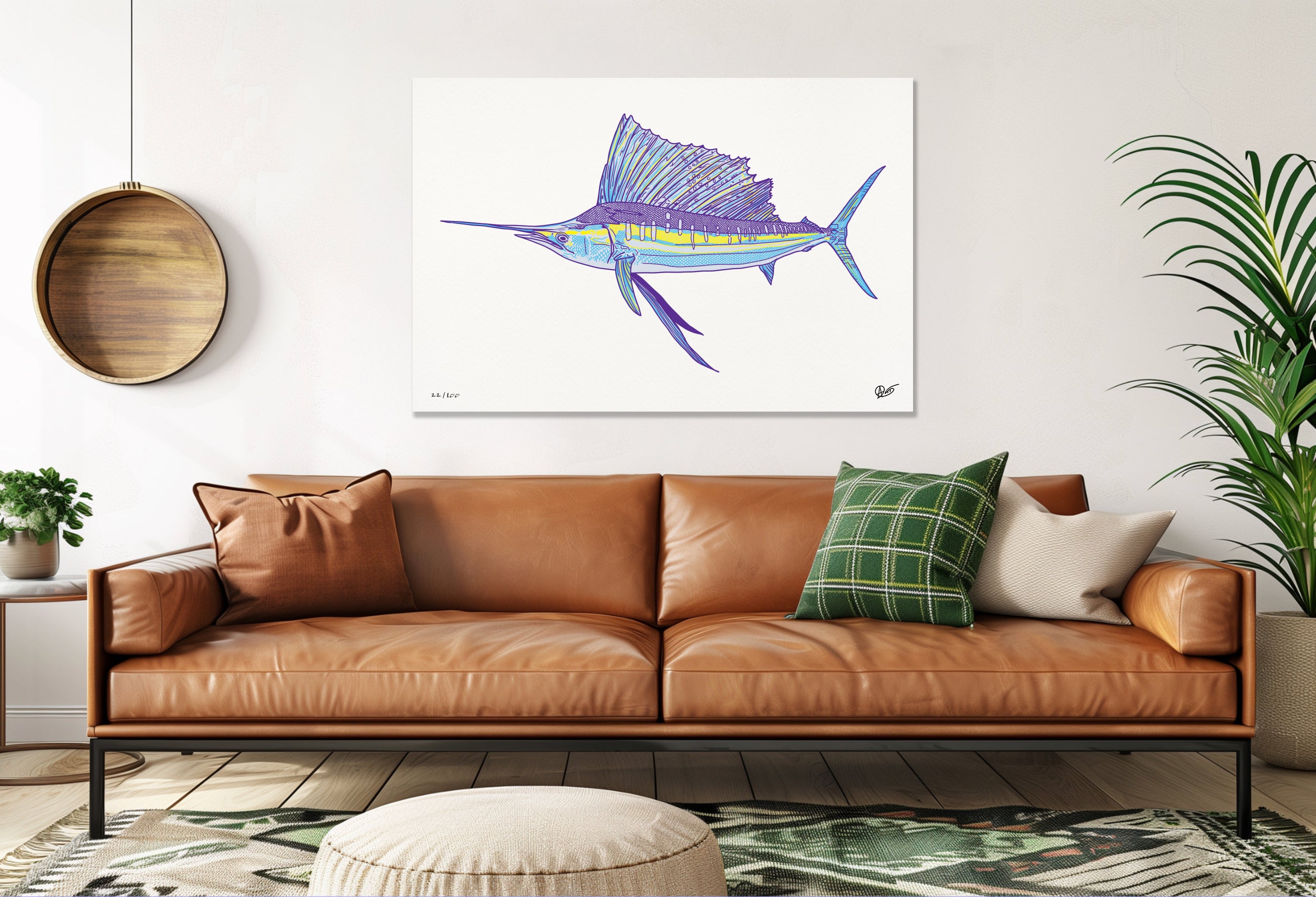 Living room with a brown leather sofa, decorative pillows, and a colorful sailfish painting on the wall.