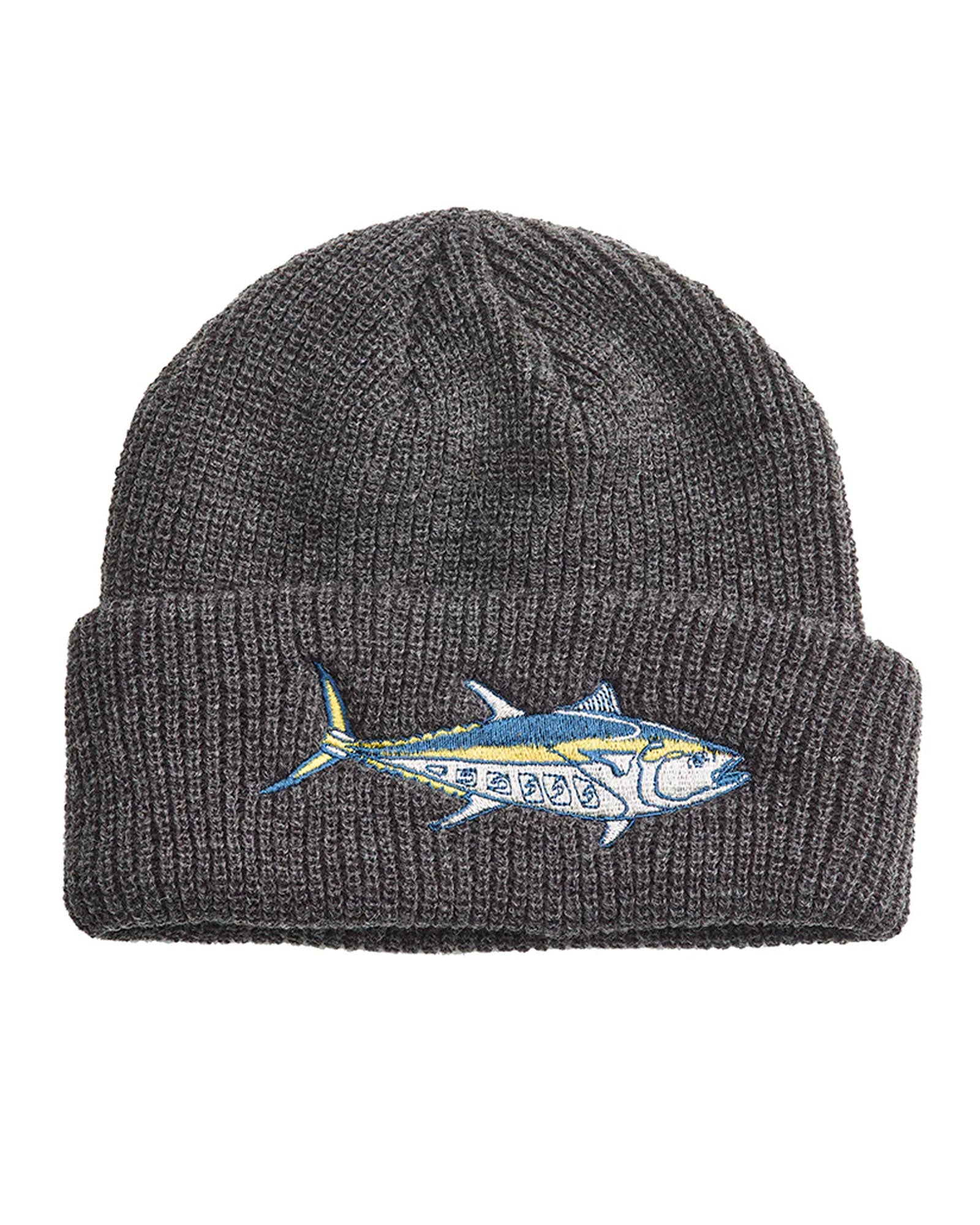 Dark gray knit beanie with a bluefin tuna embroidered on a white background