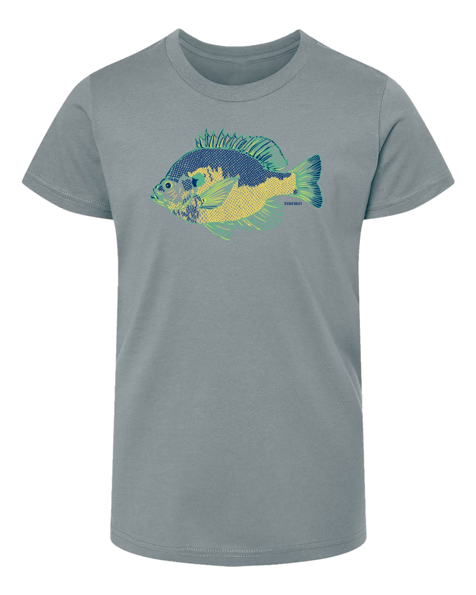Gray t-shirt with a colorful bluegill fish design on a white background