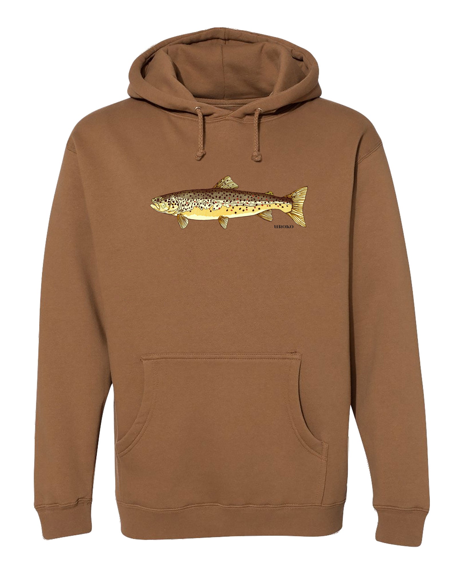 Brown hoodie with a brown trout on a white background