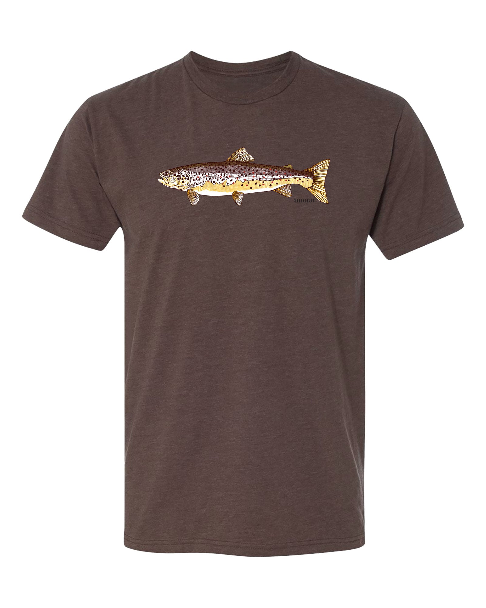 Brown t-shirt with a brown trout on a white background