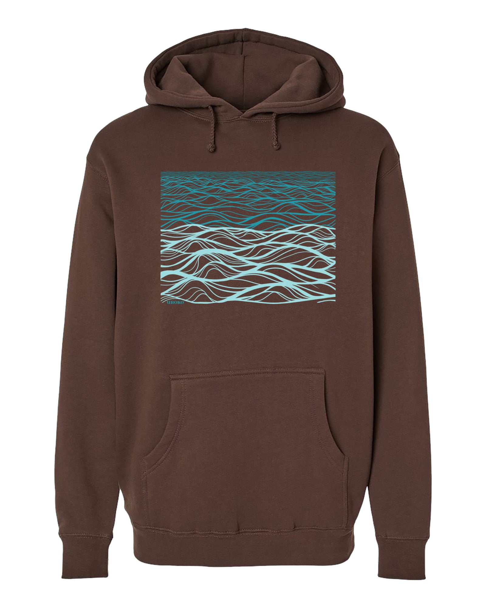 Brown hoodie with a wave graphic on a white background