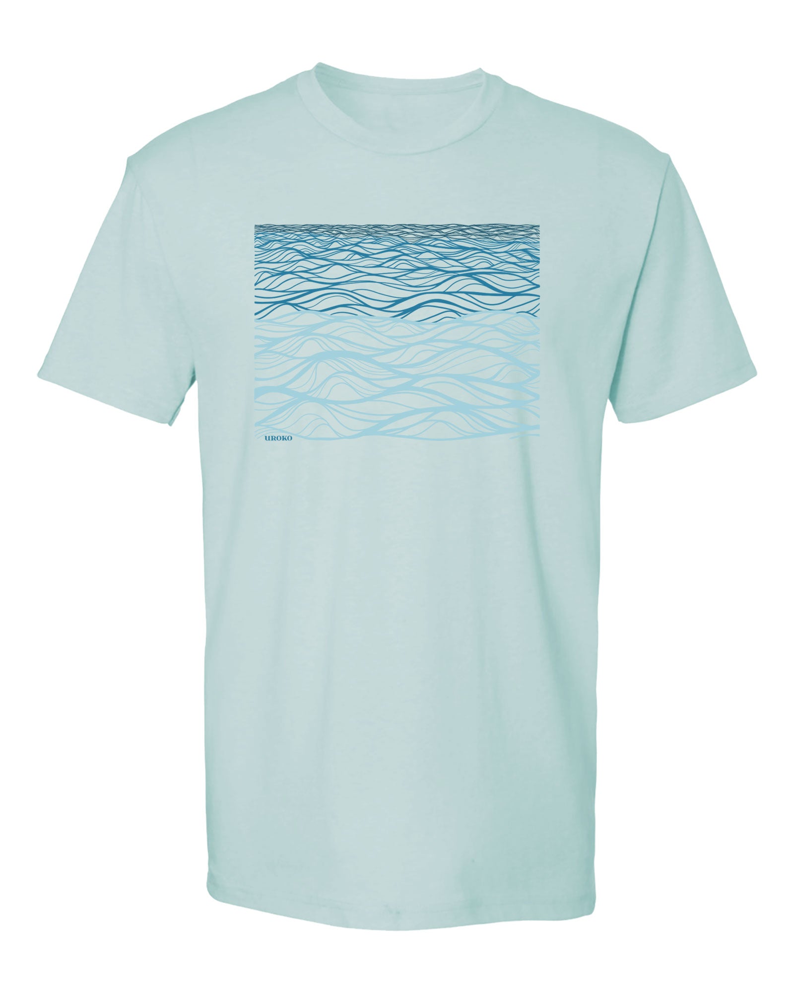 Light blue t-shirt with wavy line design on a white background