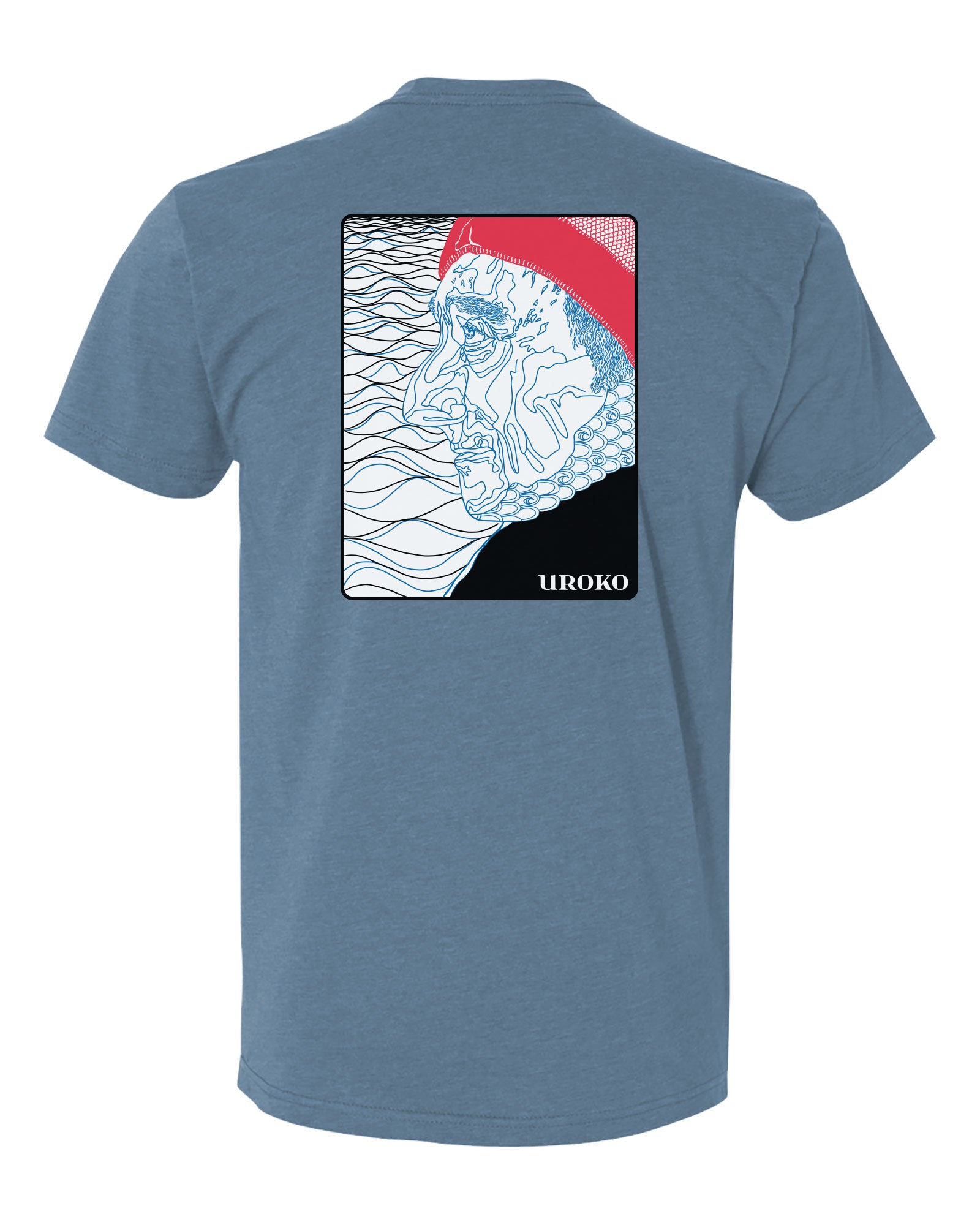 Blue t-shirt with a drawing of Jacques Cousteau on a white background