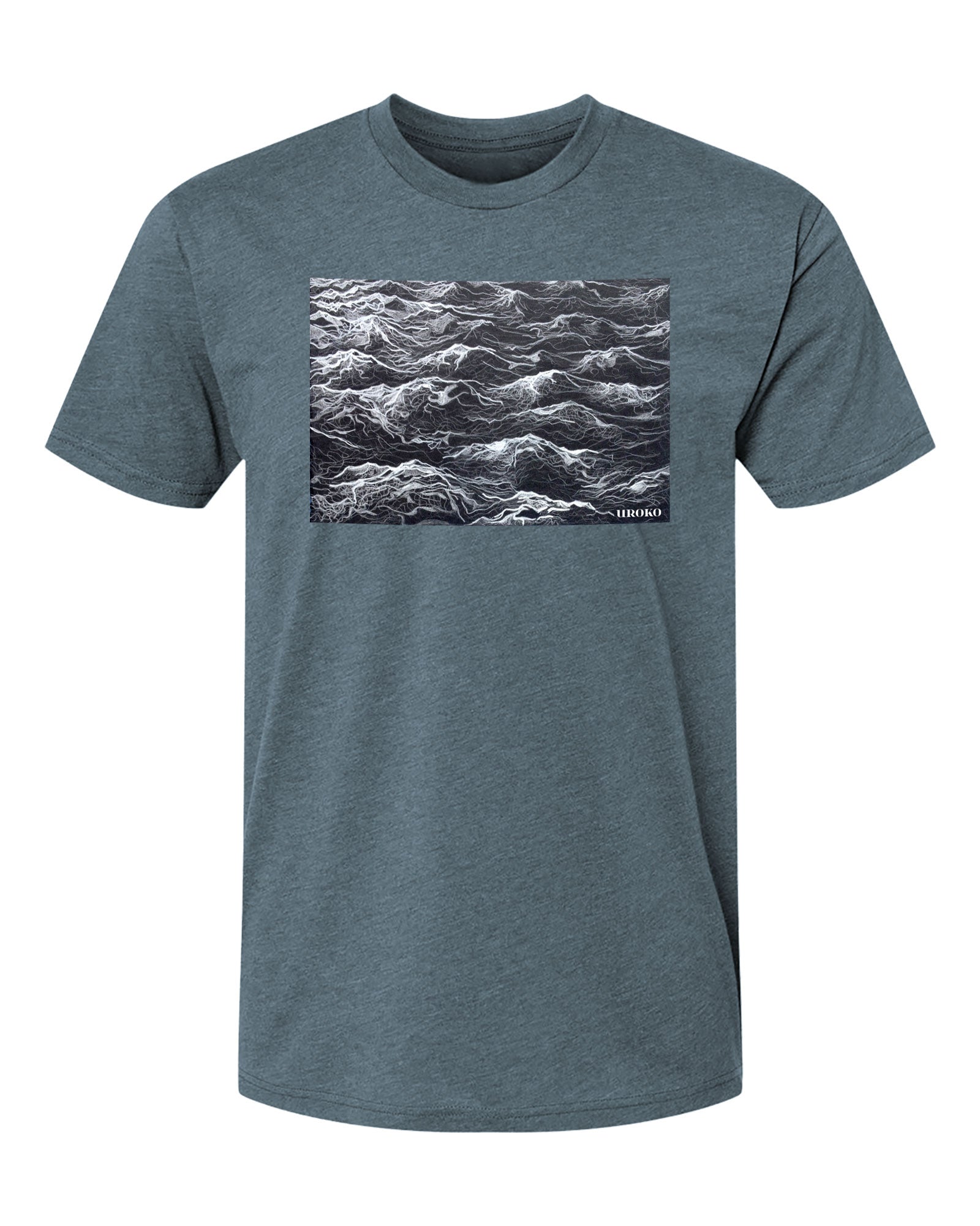 Gray t-shirt with a graphic of ocean waves on a white background