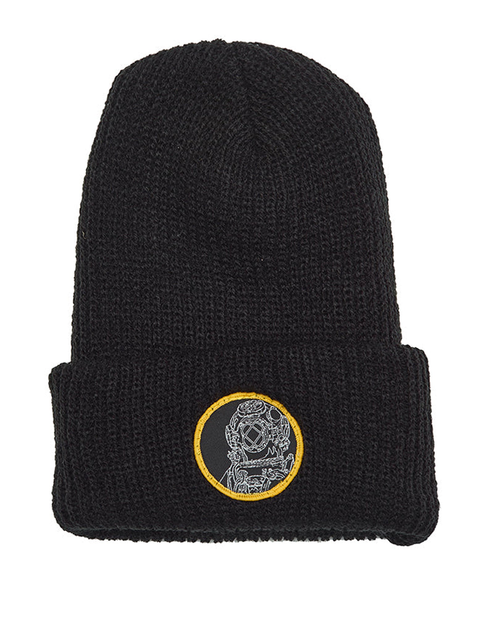 Black beanie with an old school diver emblem on a white background