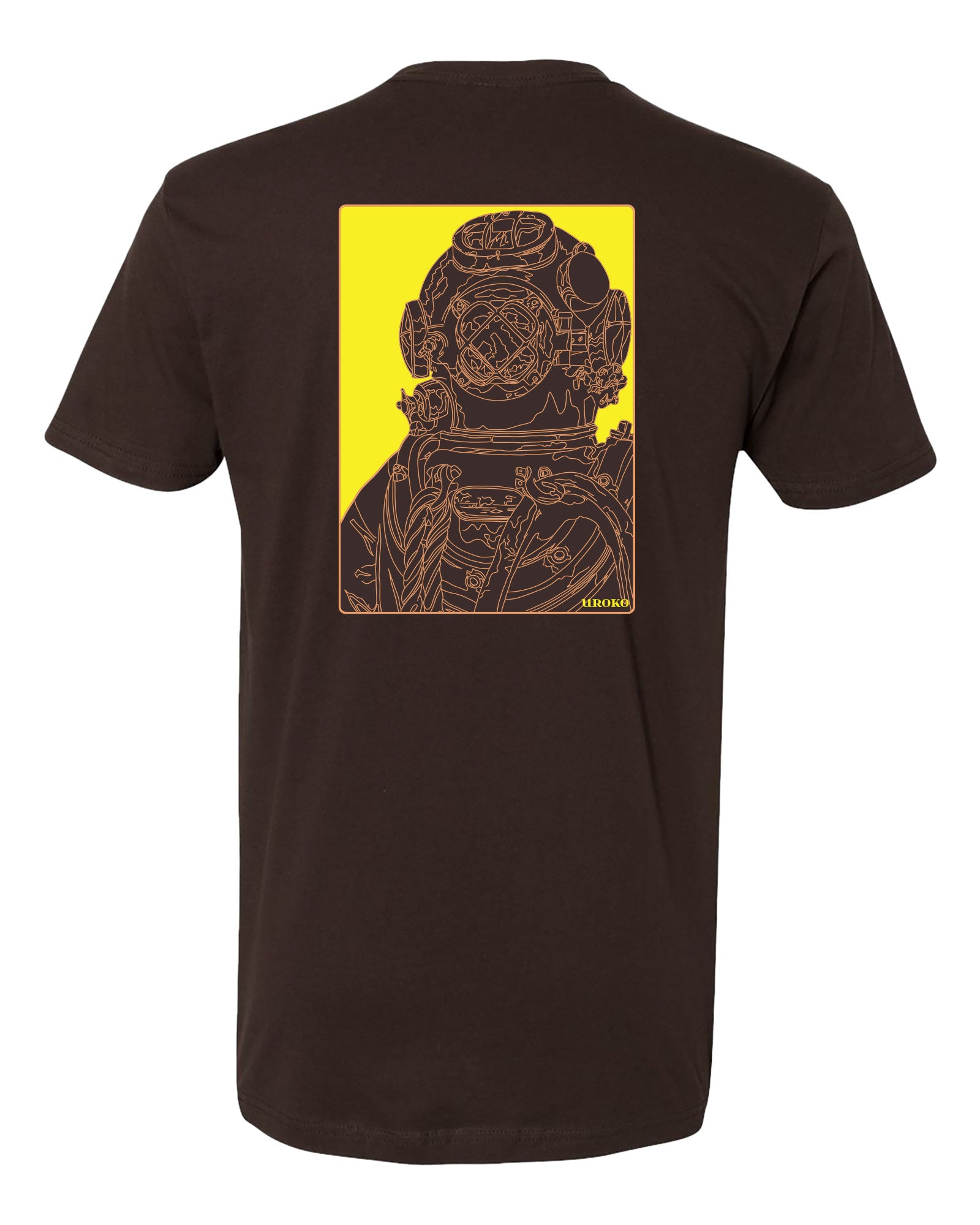 Black t-shirt with a yellow and gold diver's helmet design on the back, on a white background.