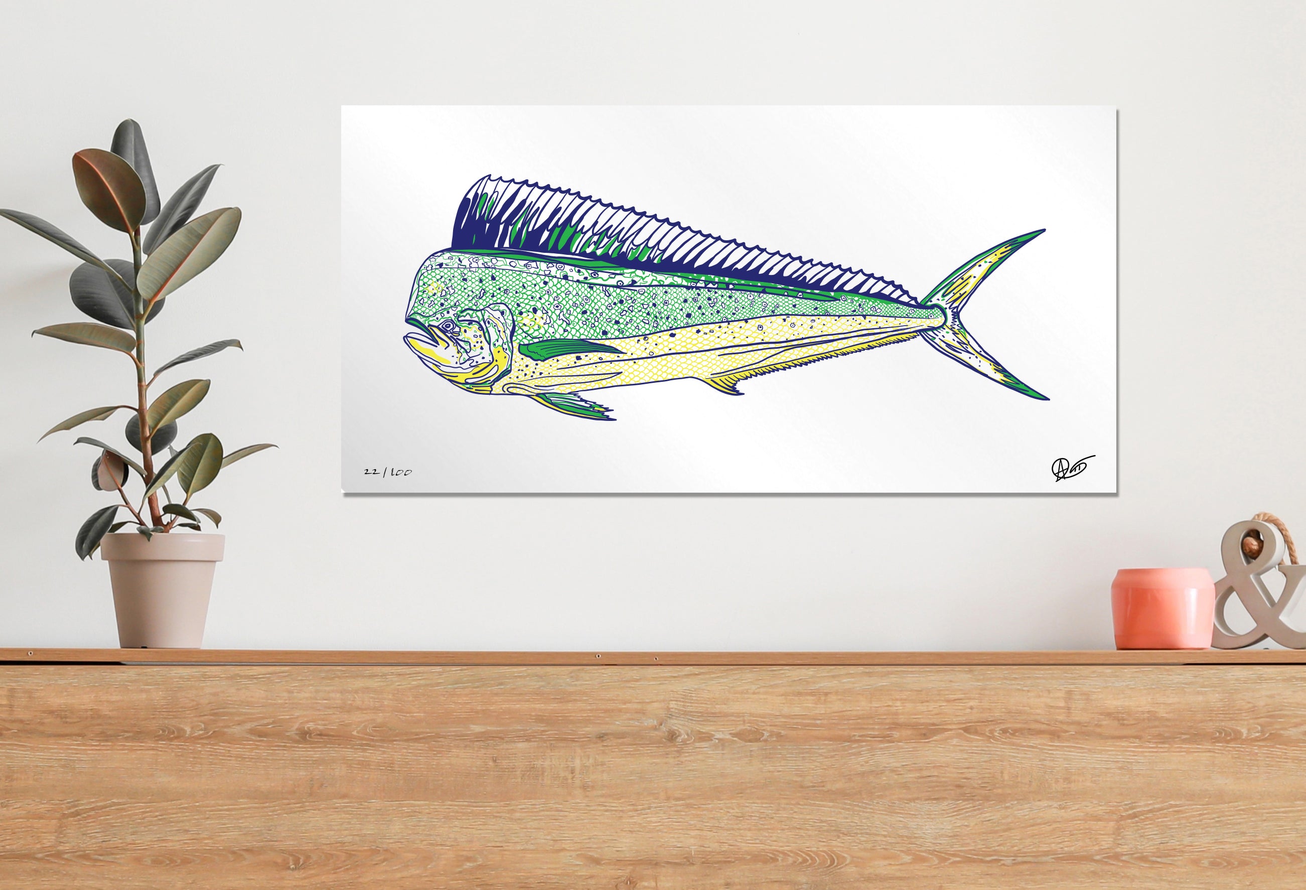 Limited edition dorado metal print above a dresser