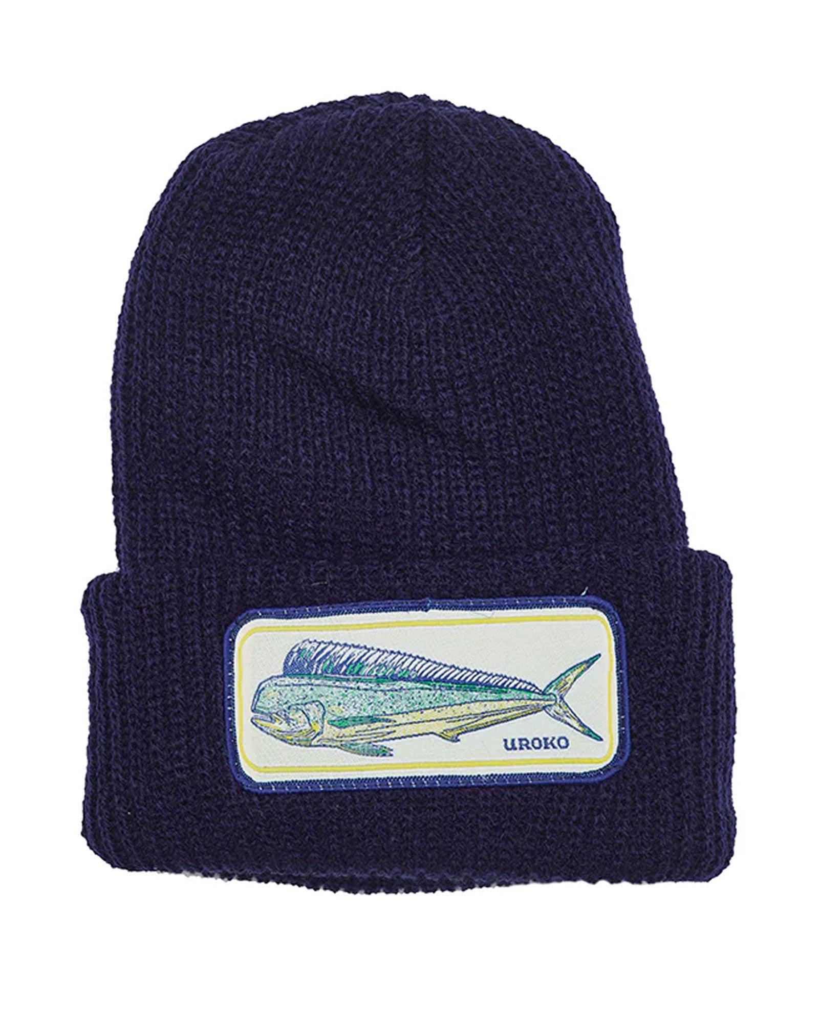 Navy blue beanie with a dorado patch on a white background