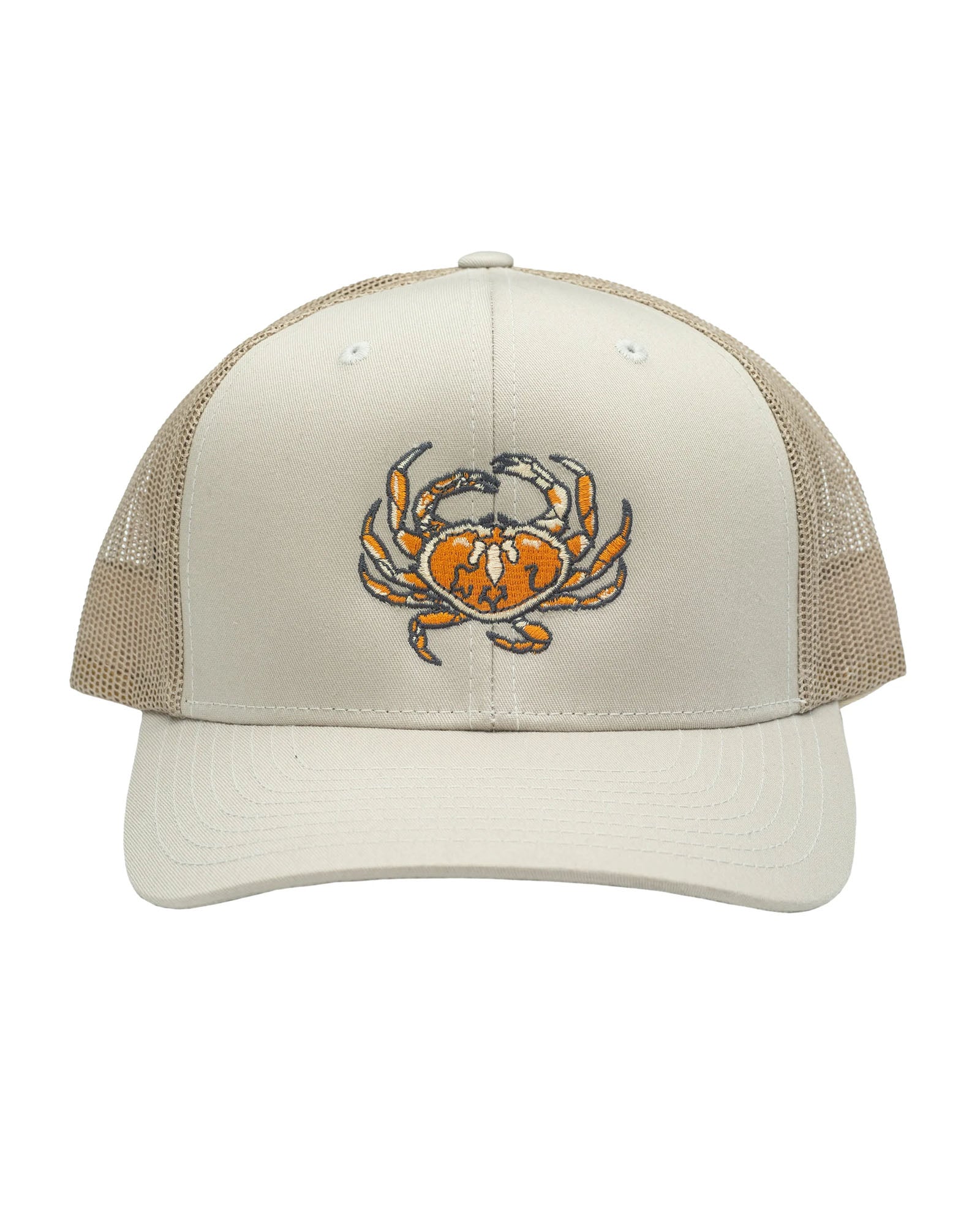 Dungeness crab curved bill trucker hat in tan