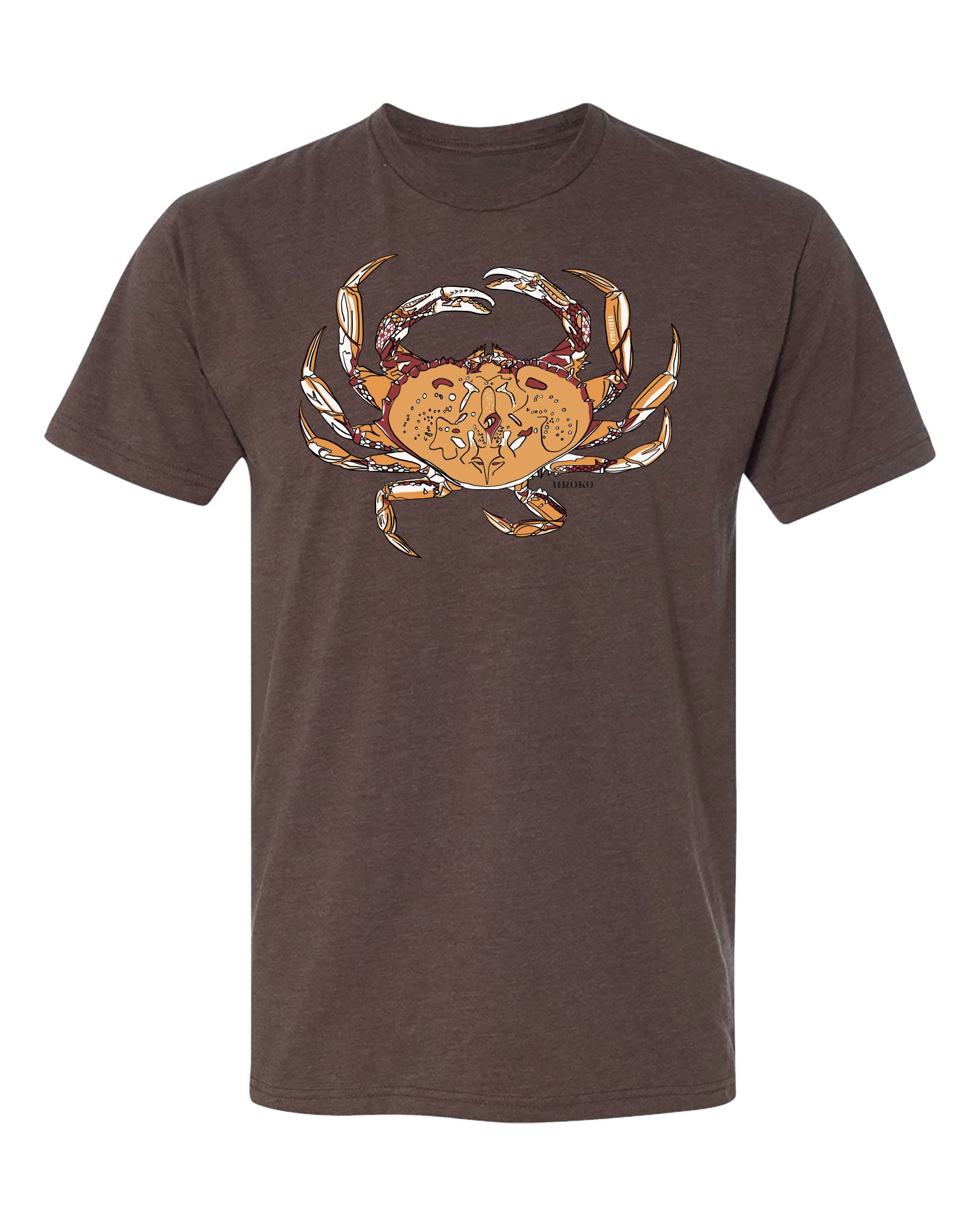Brown t-shirt with a dungenous crab graphic on a white background