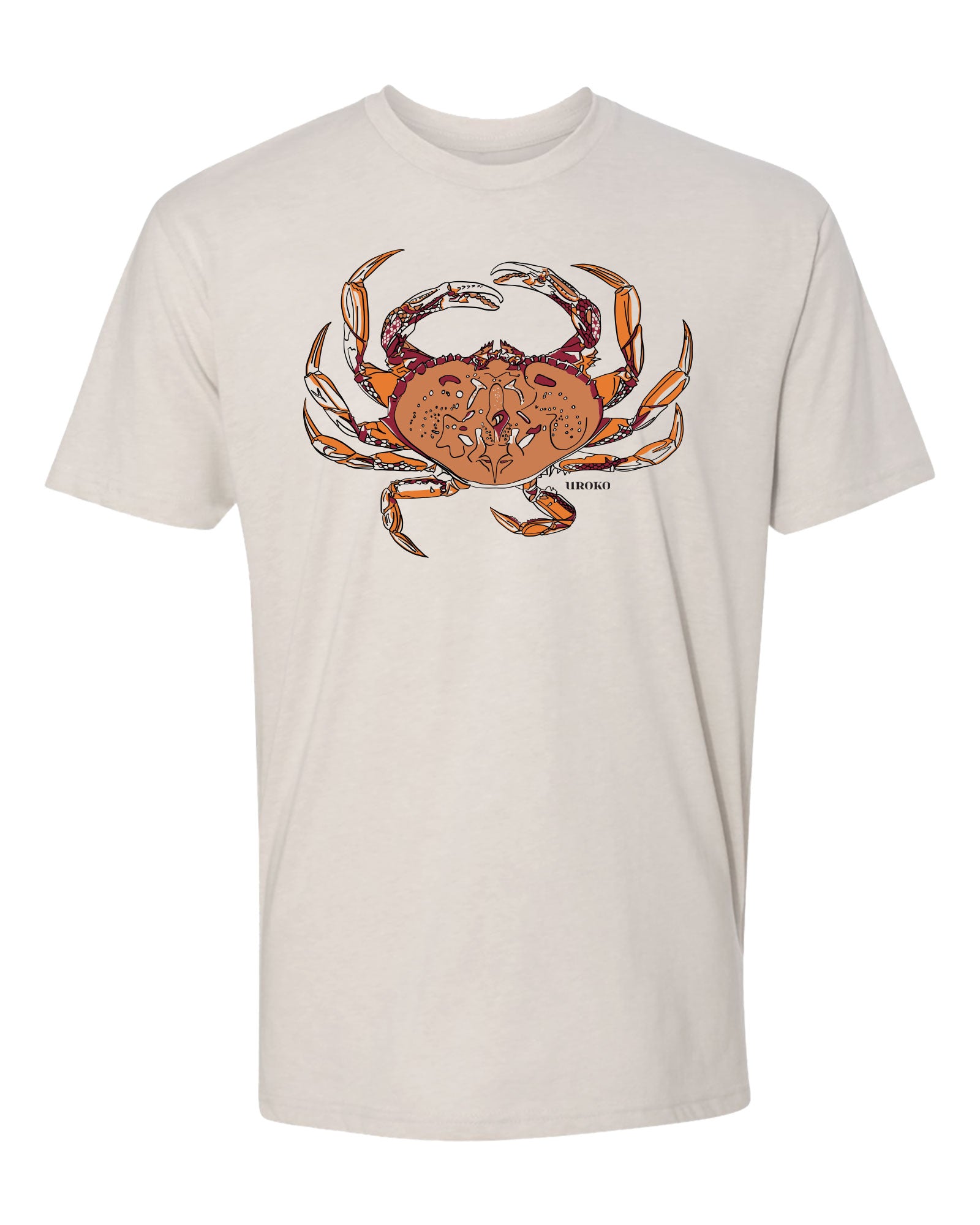 Beige t-shirt with a dungenous crab graphic on a white background