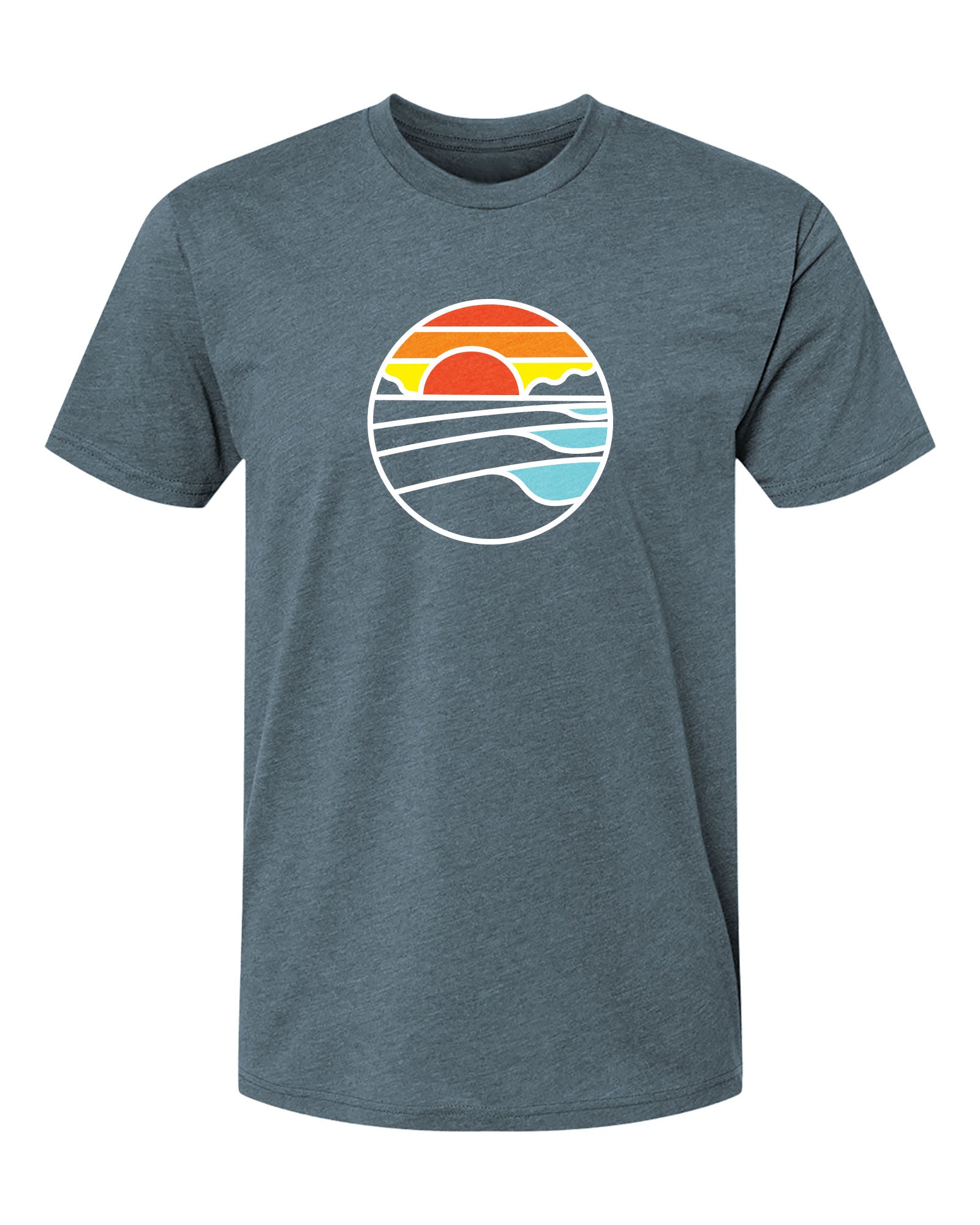 MTN2SEA - Gray t-shirt with a colorful graphic of a sunset and waves on a white background
