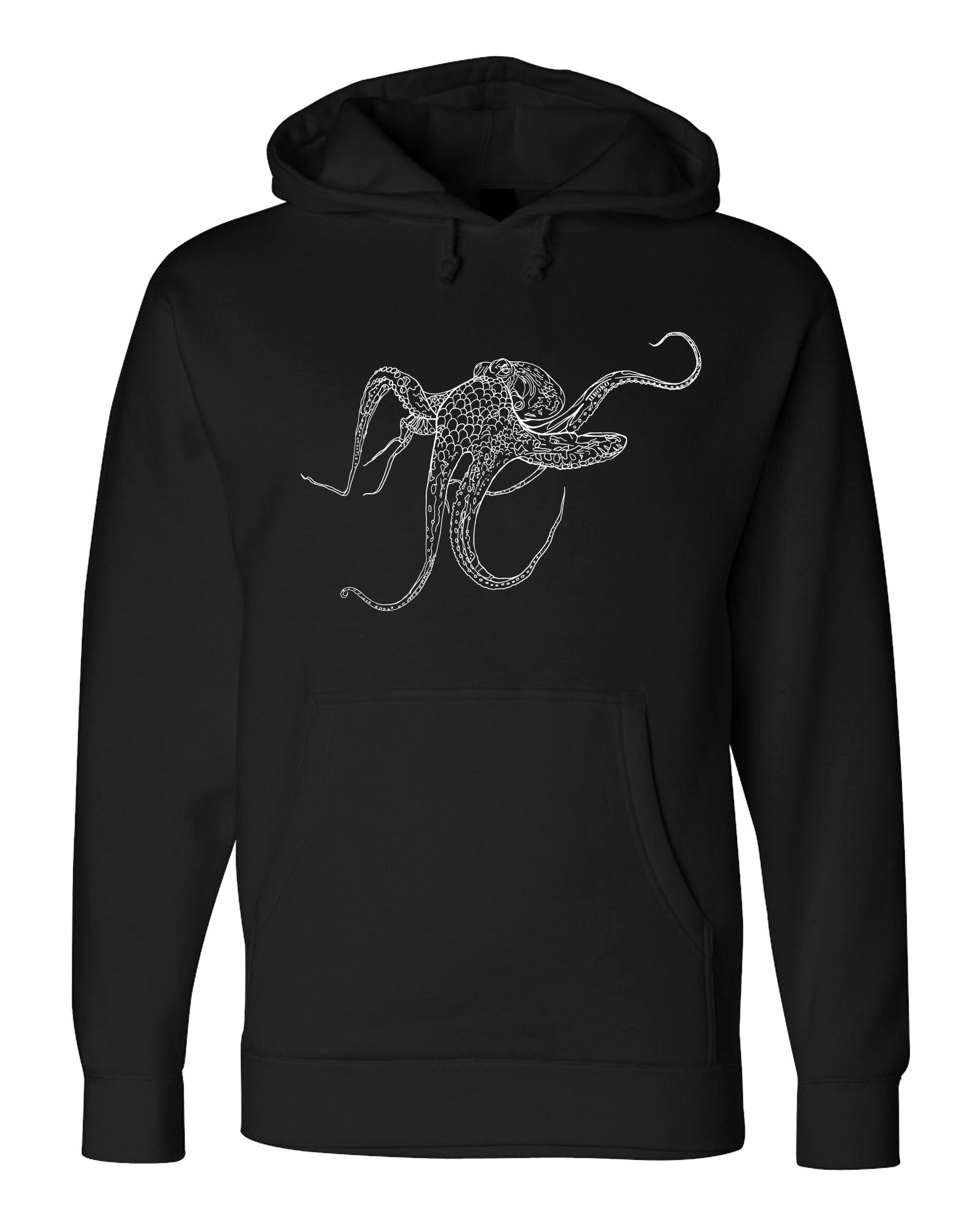 Black hoodie with white octopus design on a white background