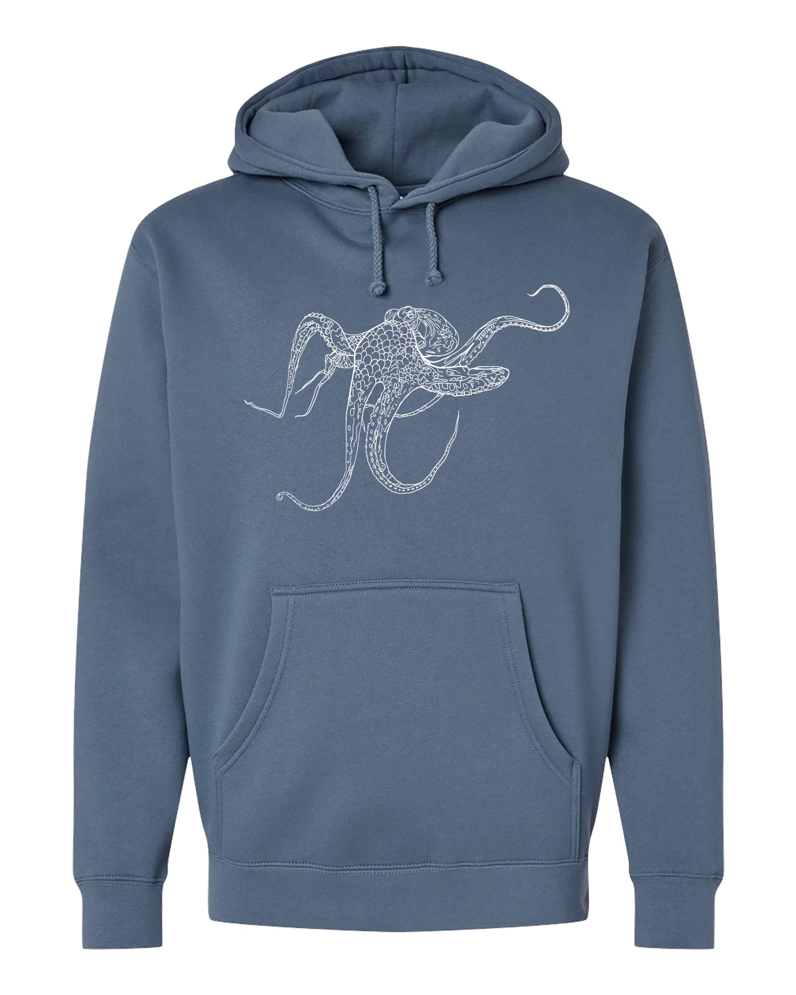 Stor blue hoodie with an octopus design on a white background