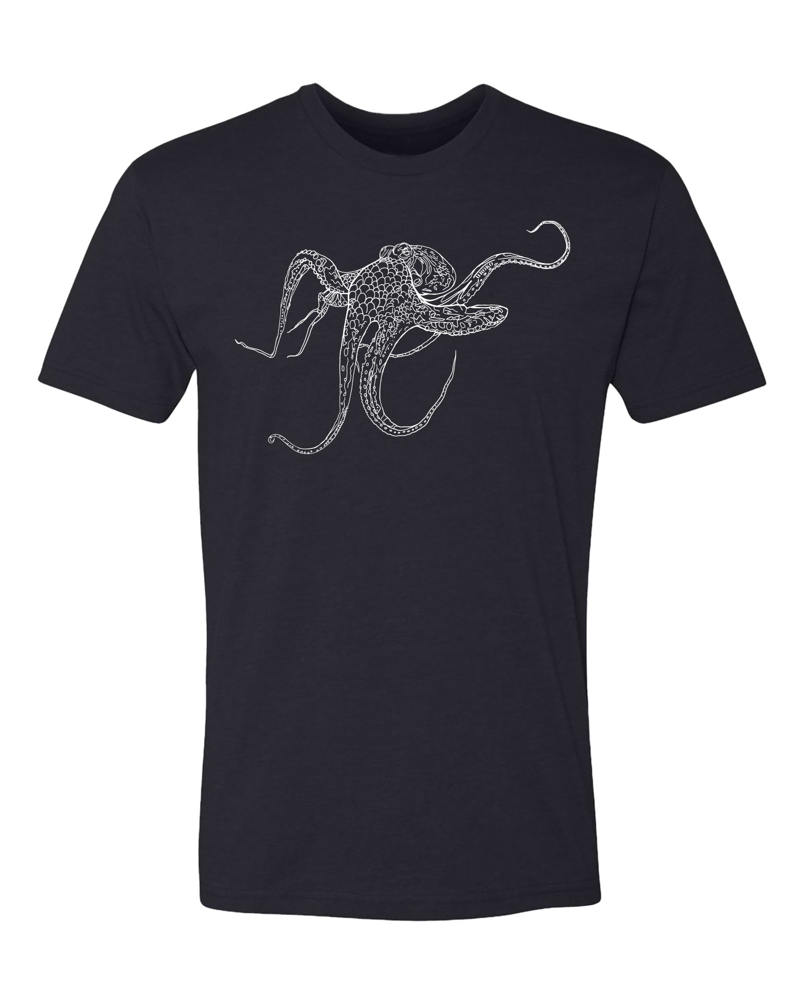 Black t-shirt with a white octopus design on a white background