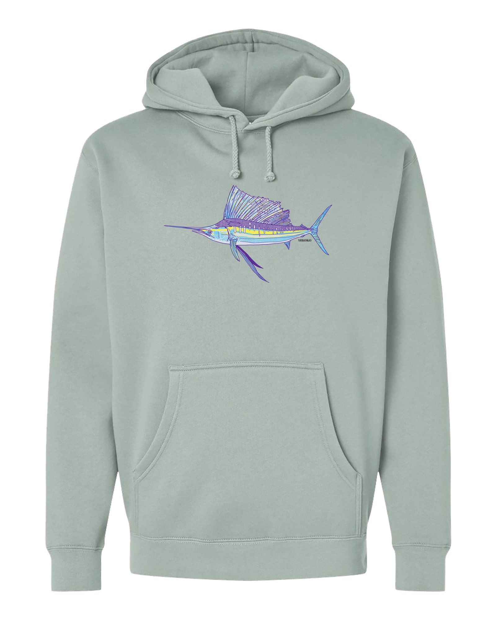 Light gray hoodie with a sailfish graphic on a white background