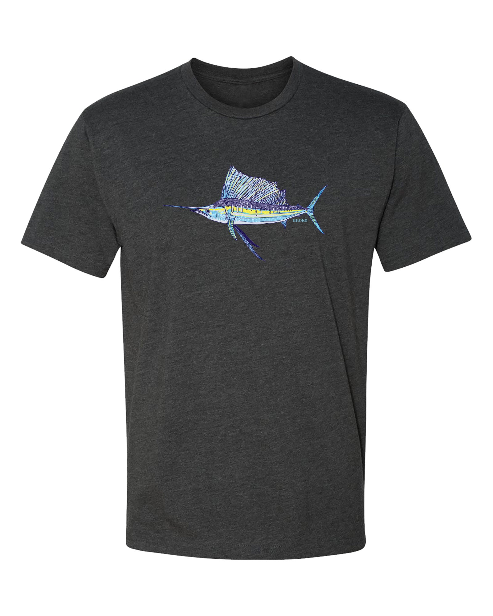 Dark gray t-shirt with a sailfish graphic on a white background