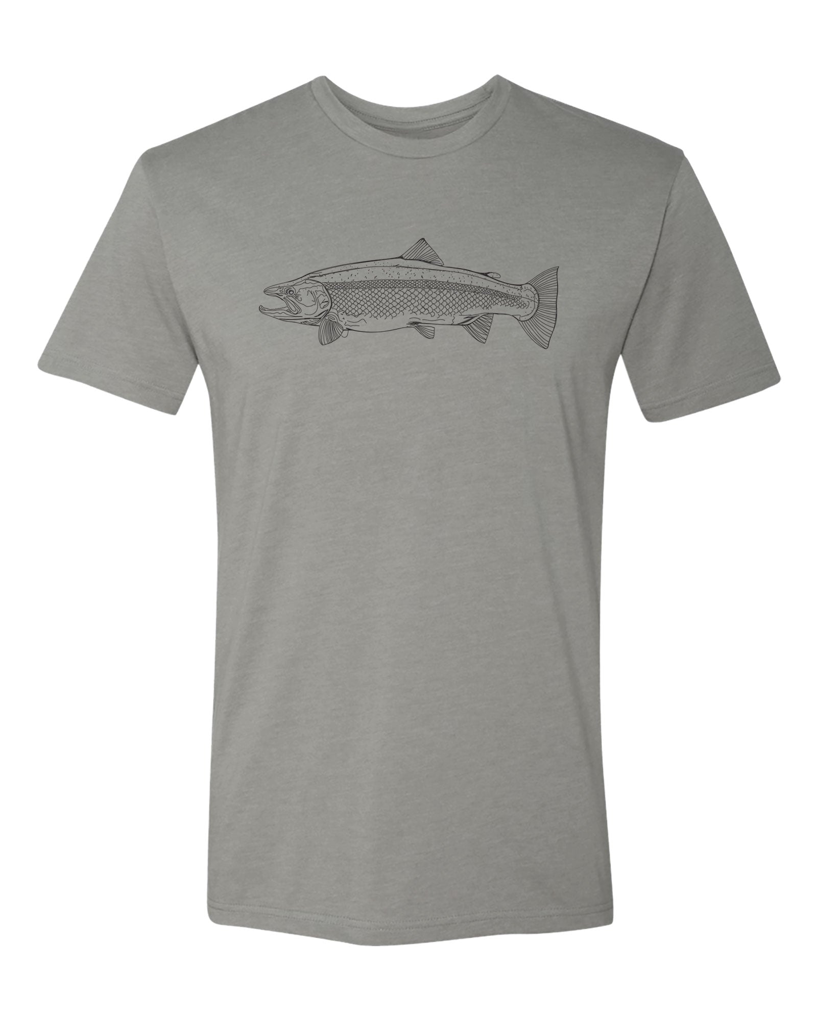 Gray t-shirt with a steelhead fish on a white background