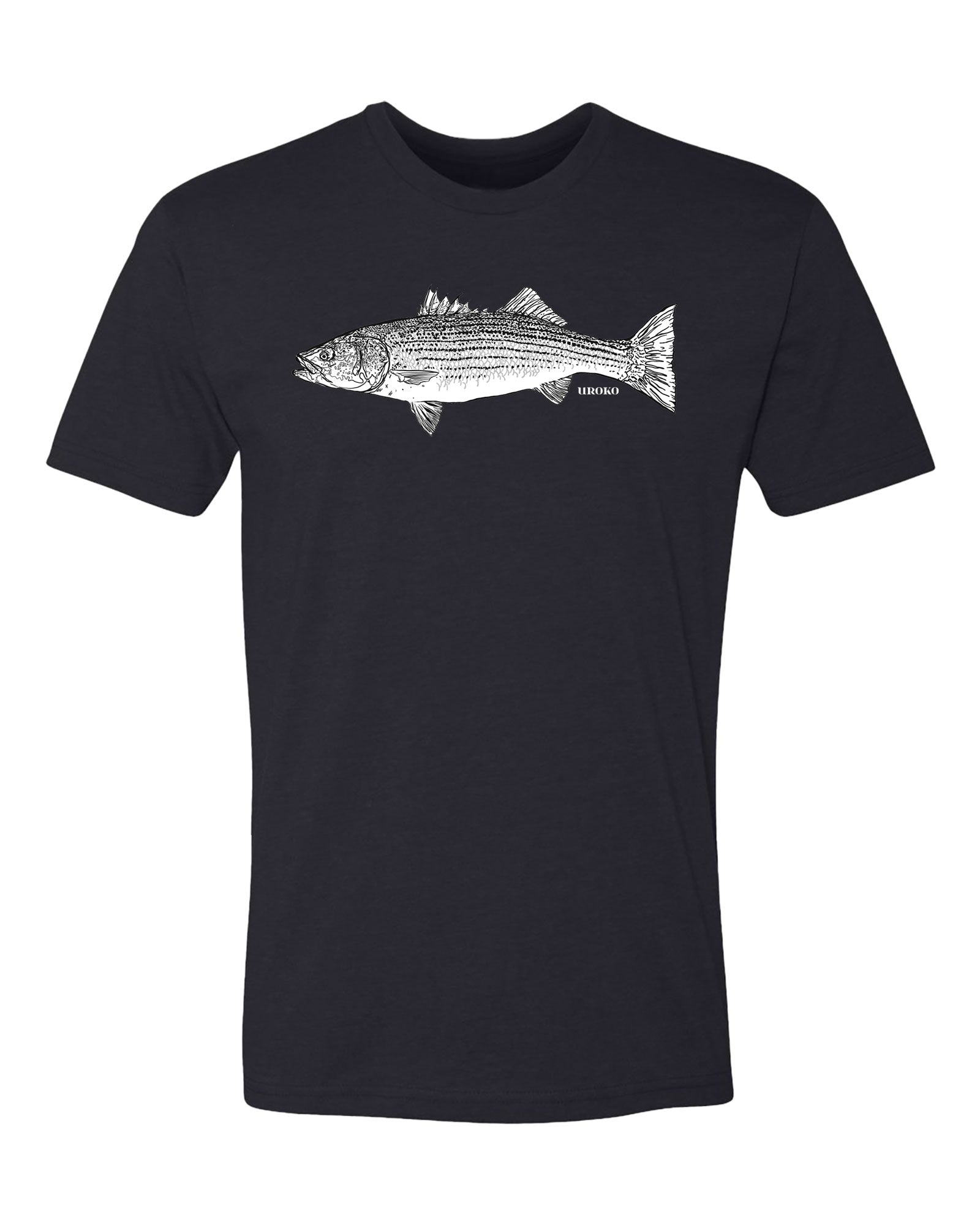 Black t-shirt with a striped bass graphic on a white background