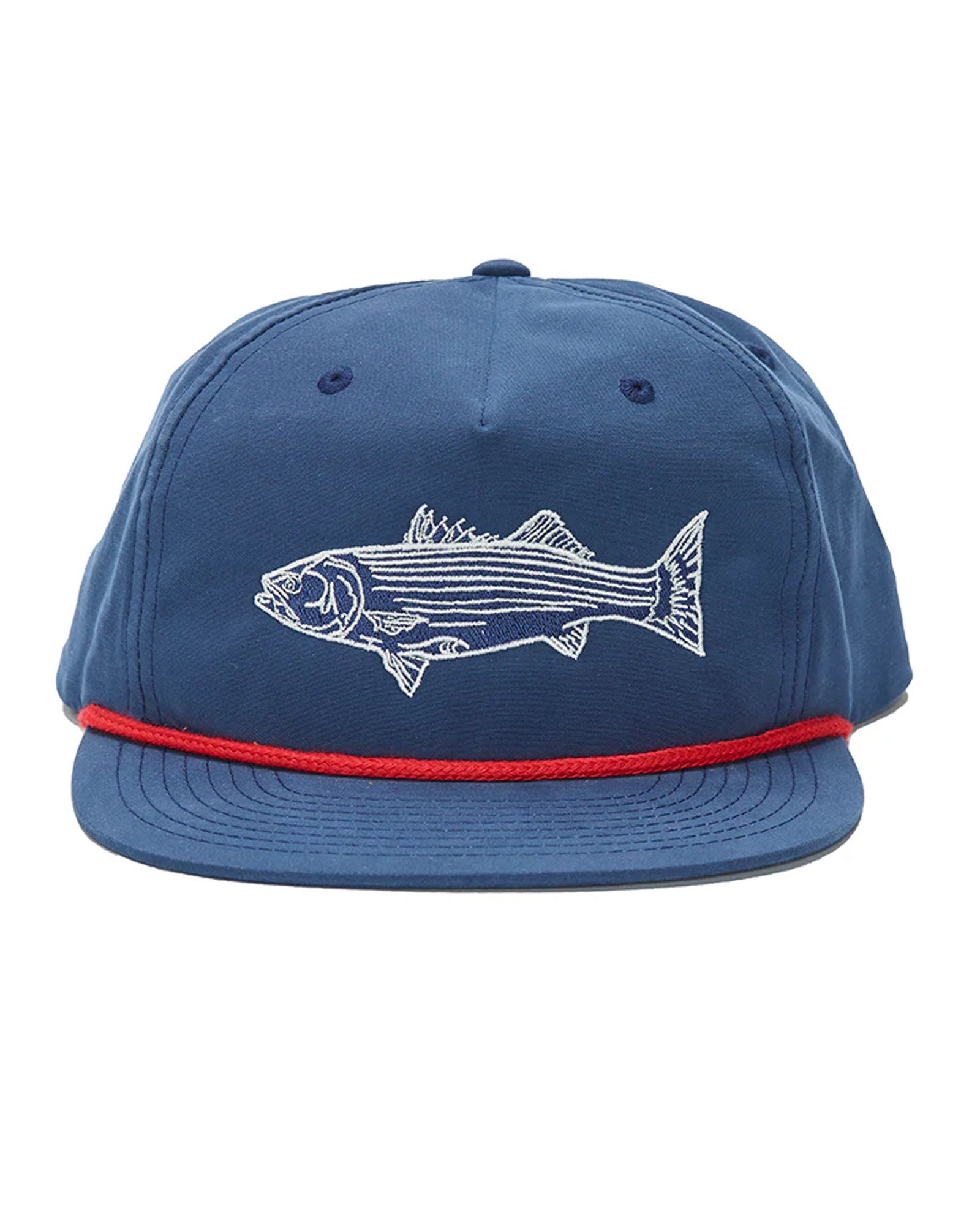 striped bass classic unstructured hat in blue with red rope detail