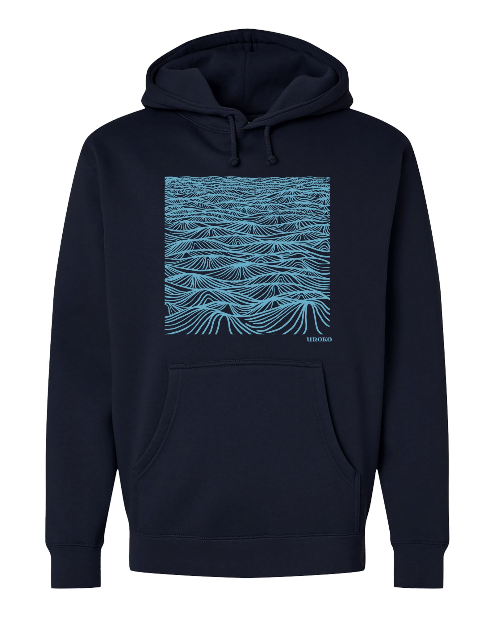 Navy blue hoodie with a blue wave design on a white background