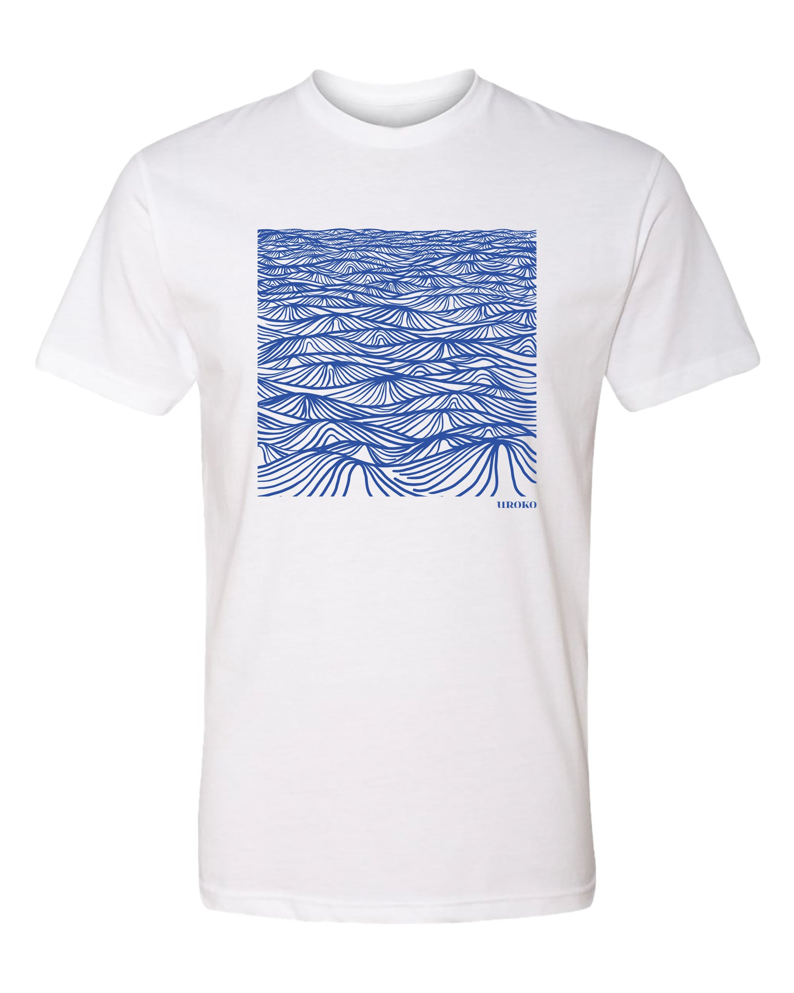 White t-shirt with blue wave pattern on a white background