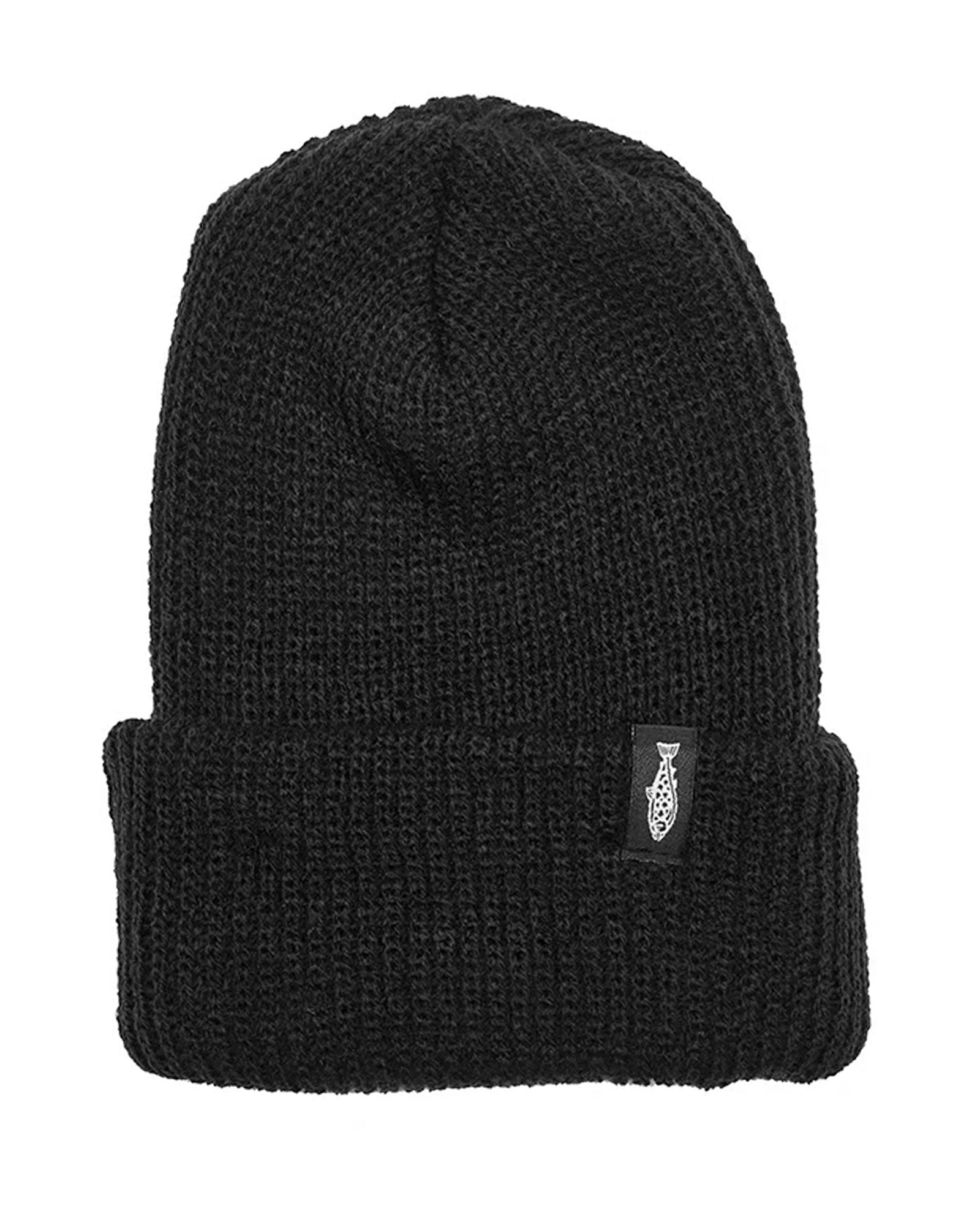 Black knit beanie with a small uroko logo tag on a white background