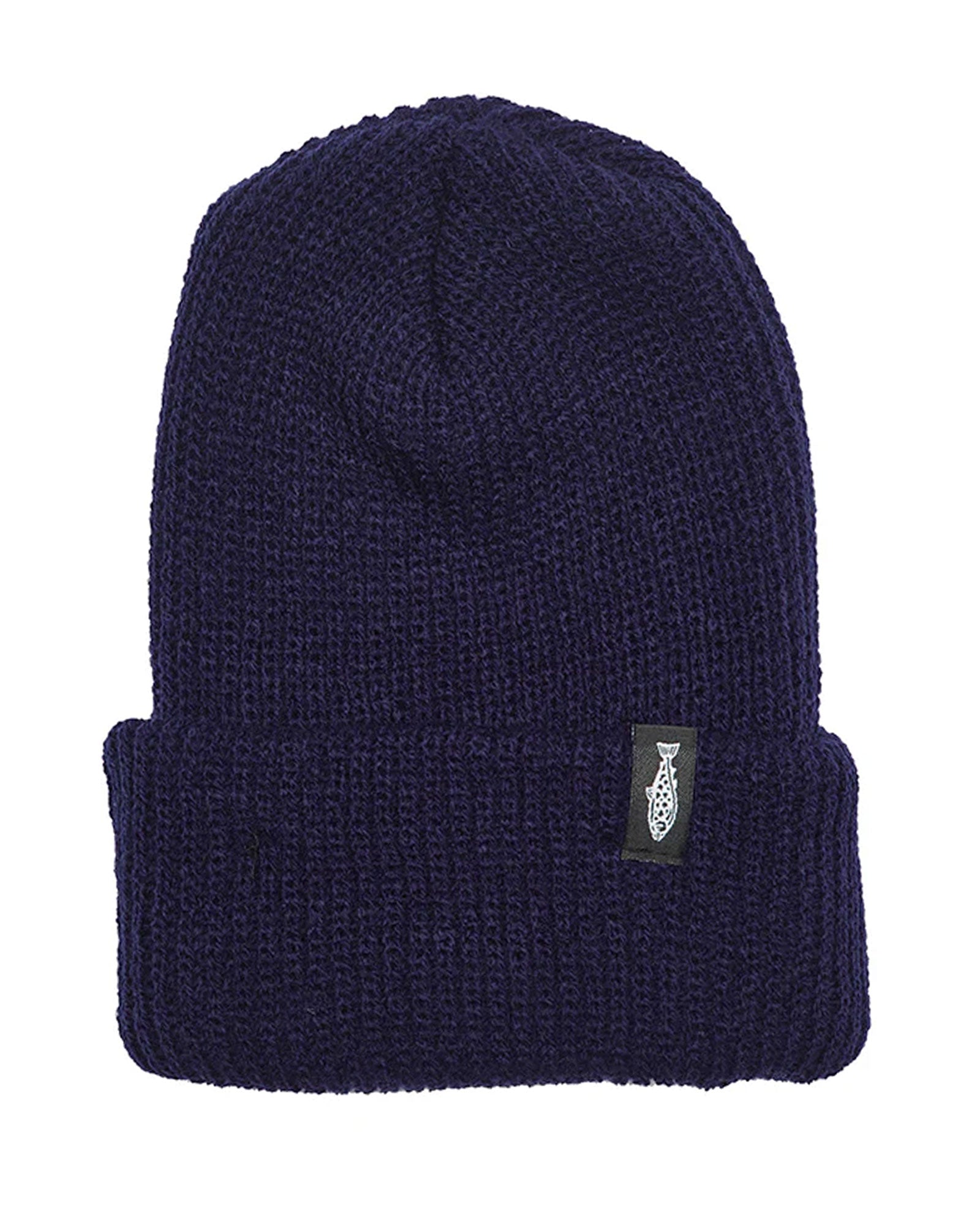 Navy blue knit beanie with a small uroko logo on a white background