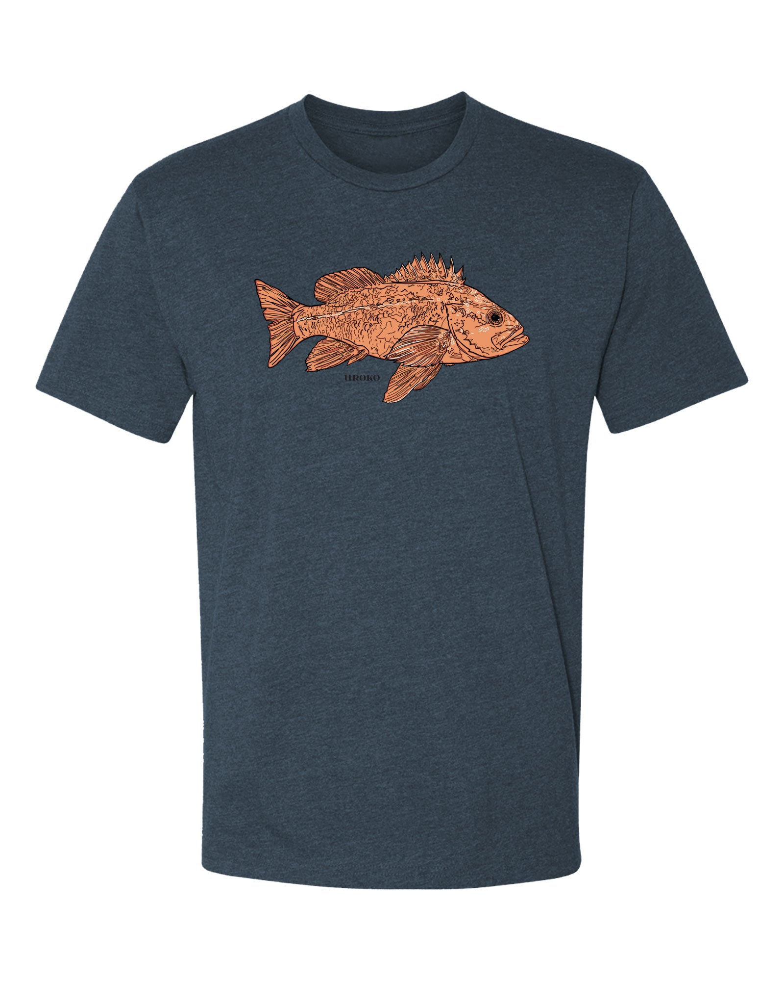 Navy blue t-shirt with a bvermillion rockfish on a white background