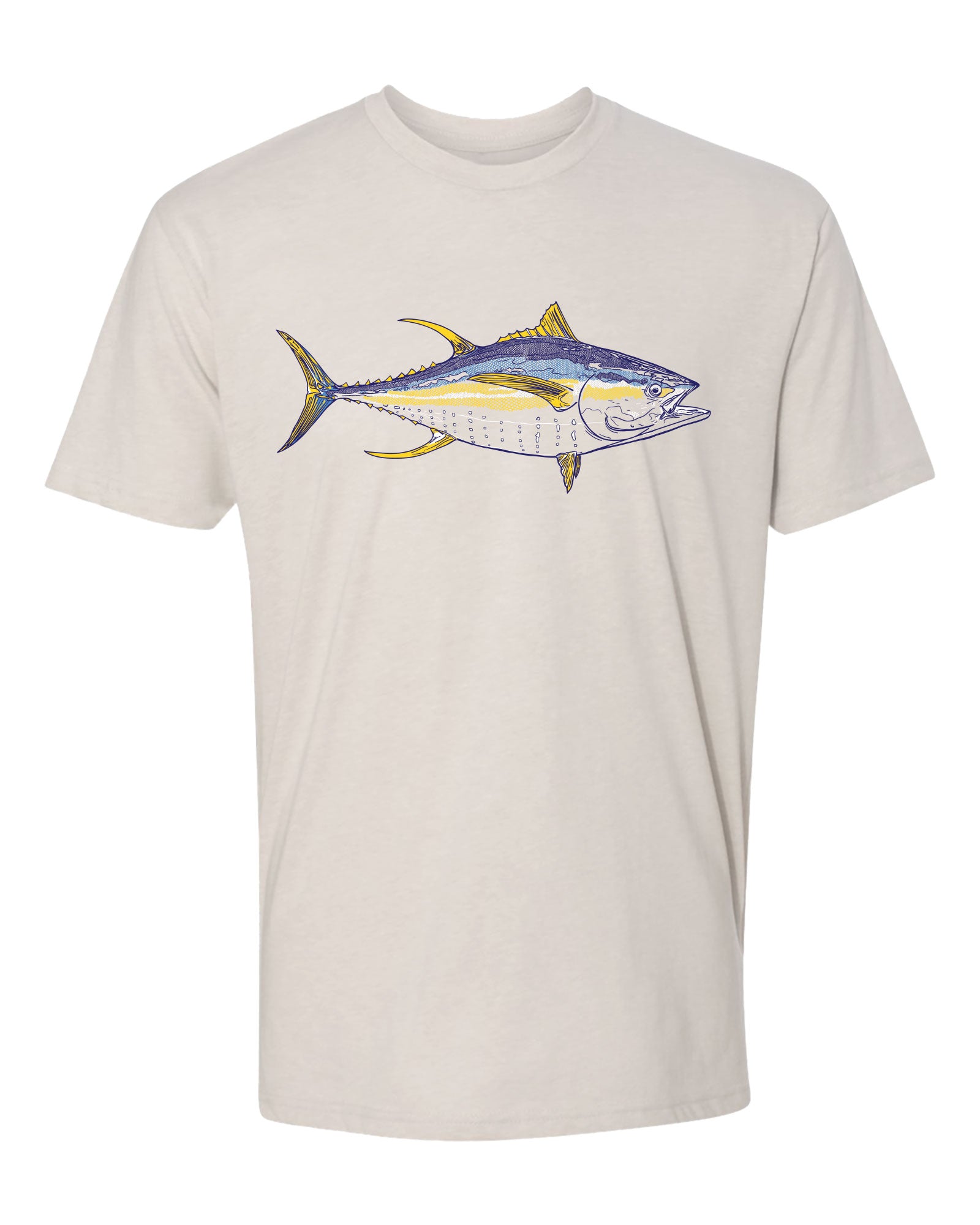 Beige t-shirt with a yellowfin on a white background