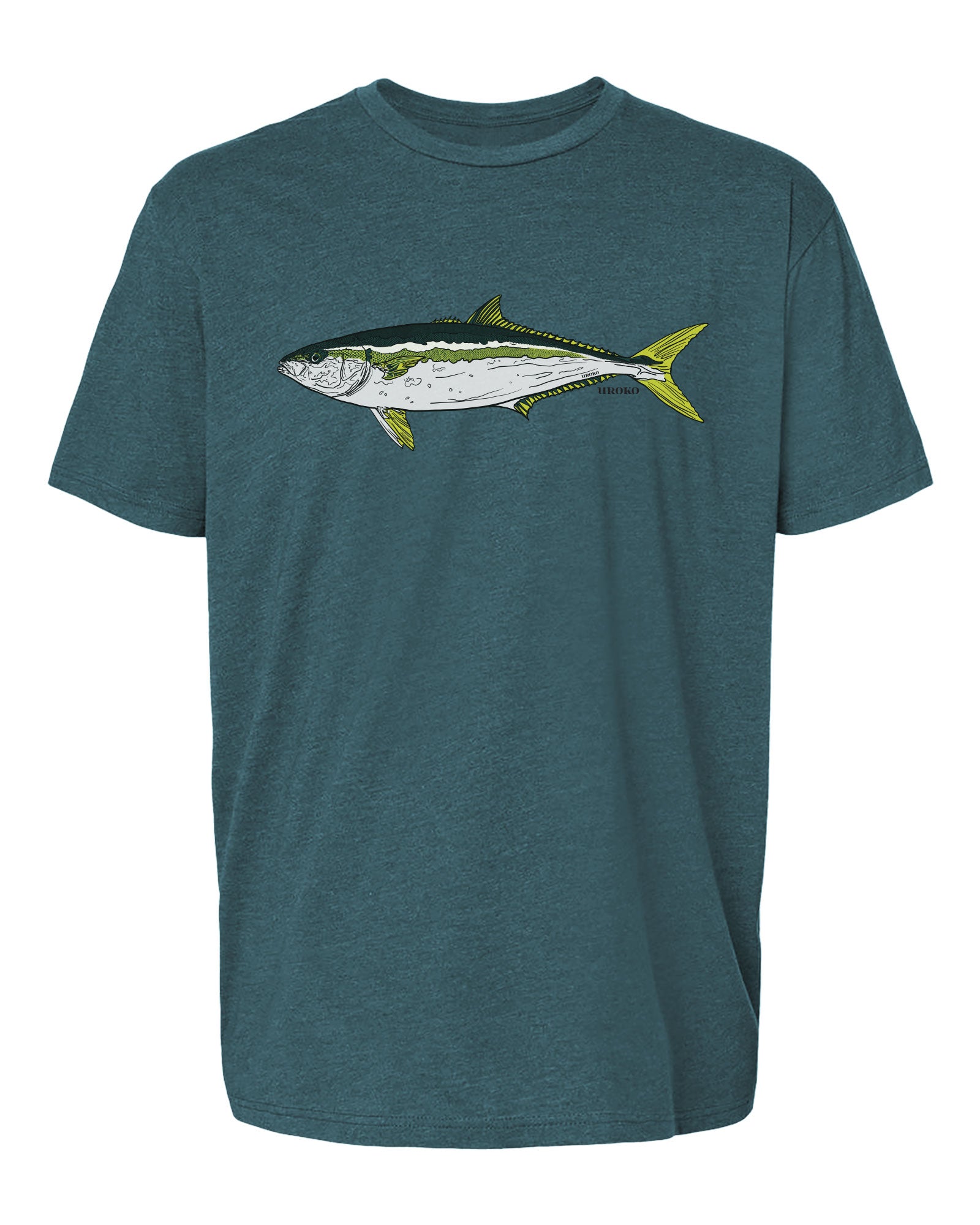 Teal t-shirt with a yellowtail fish on a white background