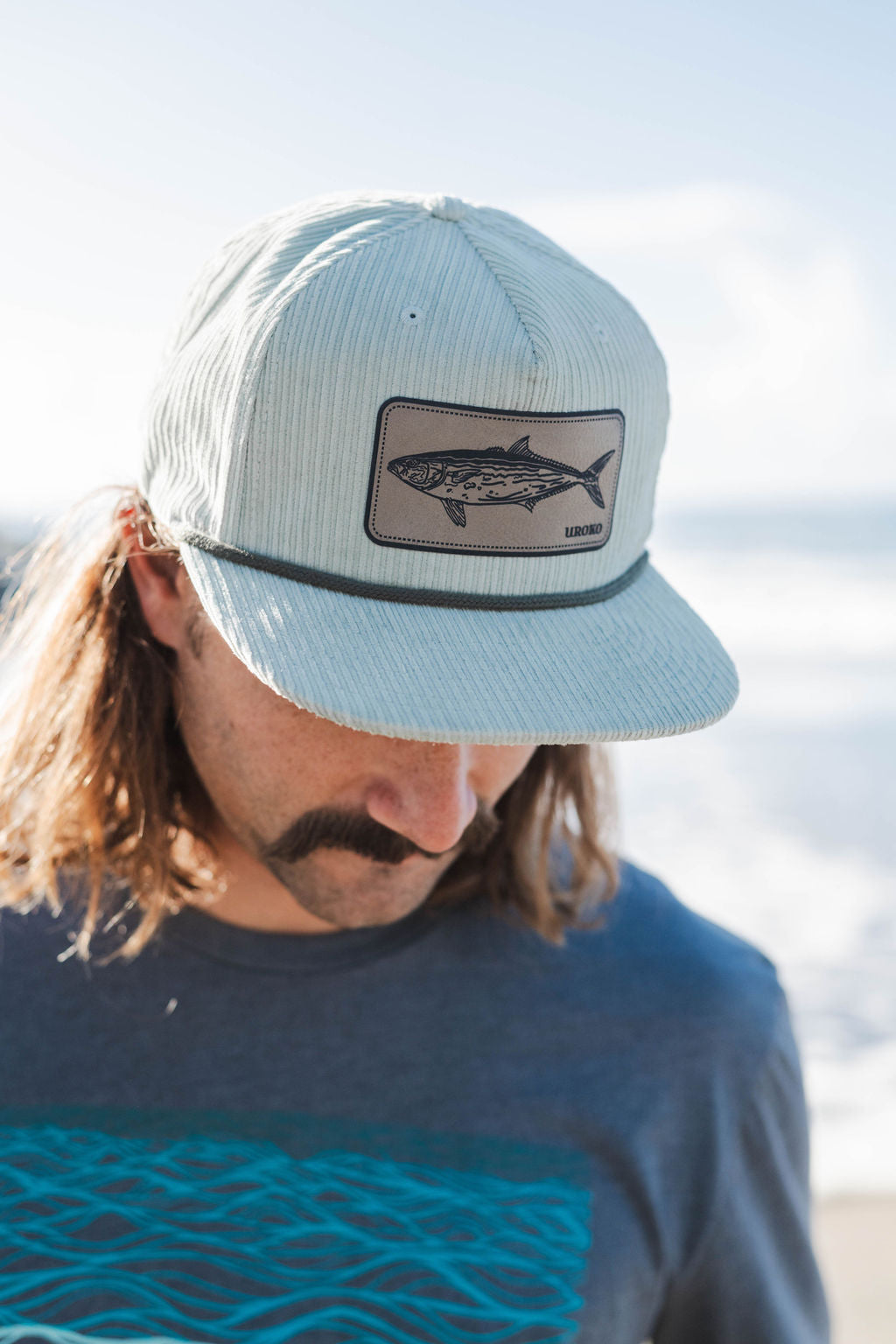 Yellowtail Wale Corduroy Structured Grandpa Hat in Washed Green with Moss Rope Detail