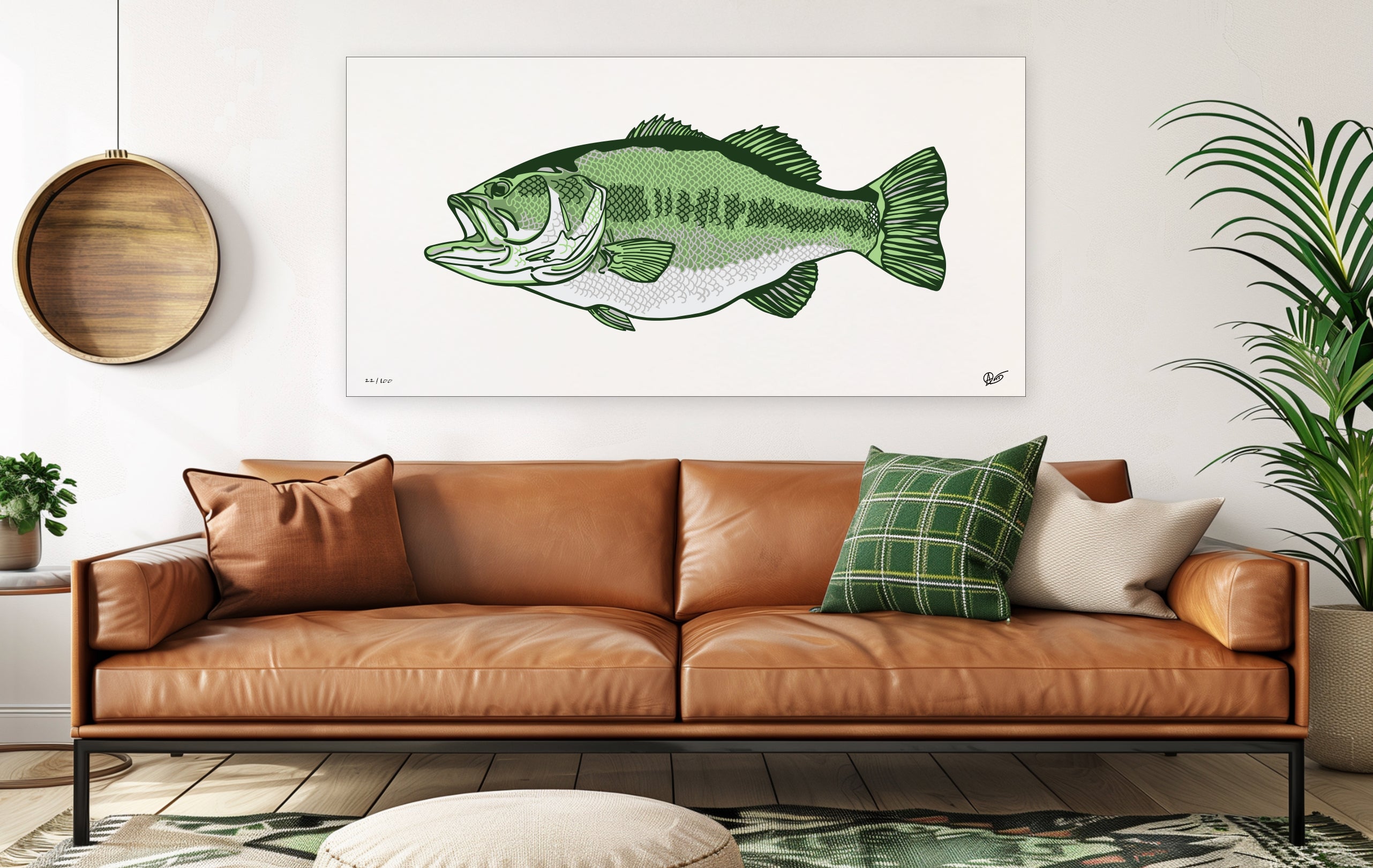 Limited edition largemouth canvas print in a large livingroom
