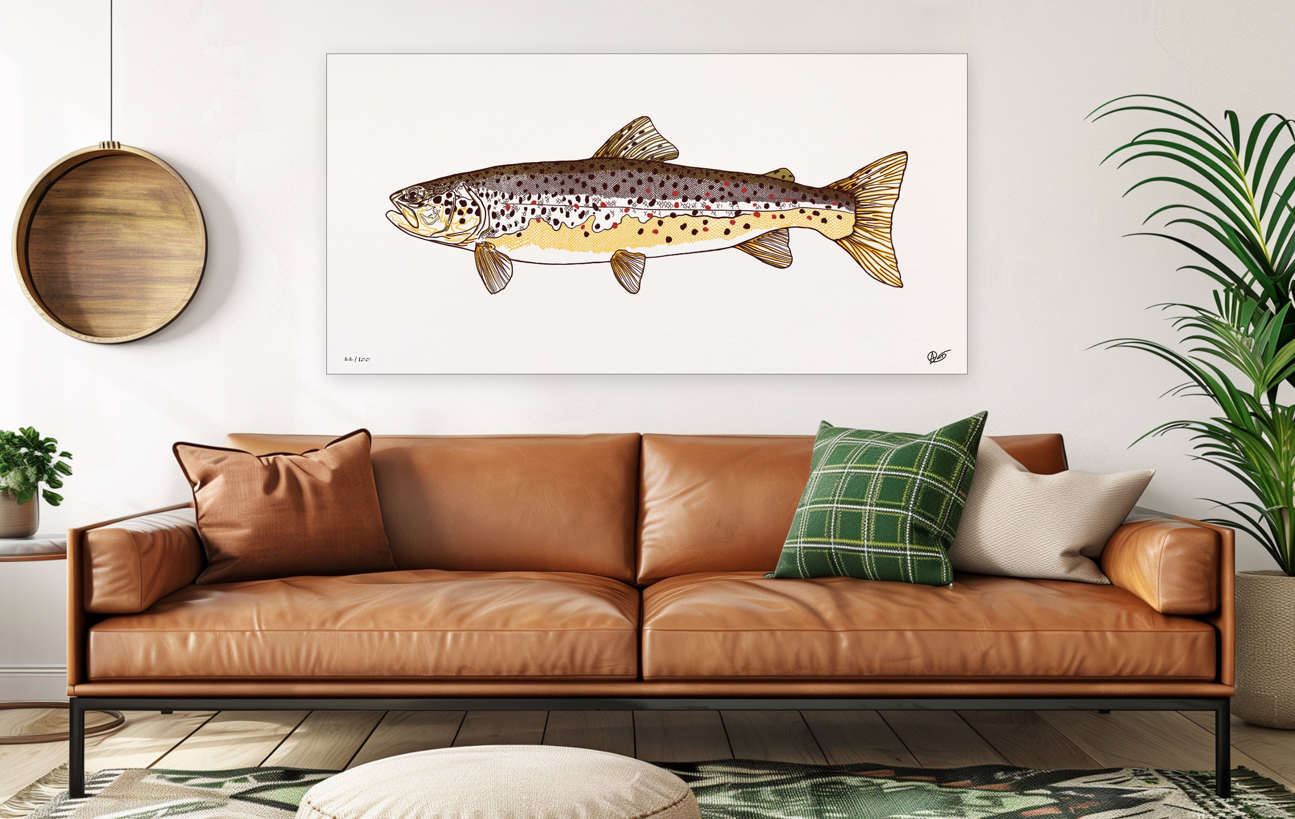 Limited edition brown trout canvas print in a large livingroom