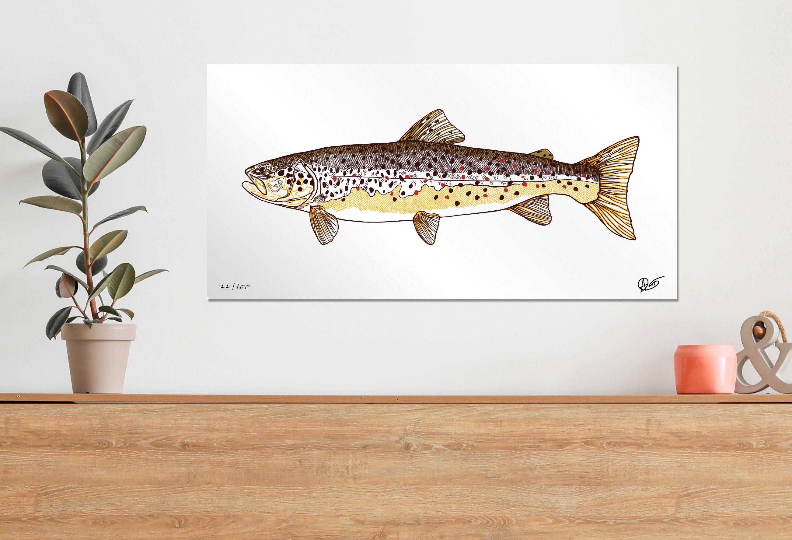 Limited edition brown trout metal print above a dresser