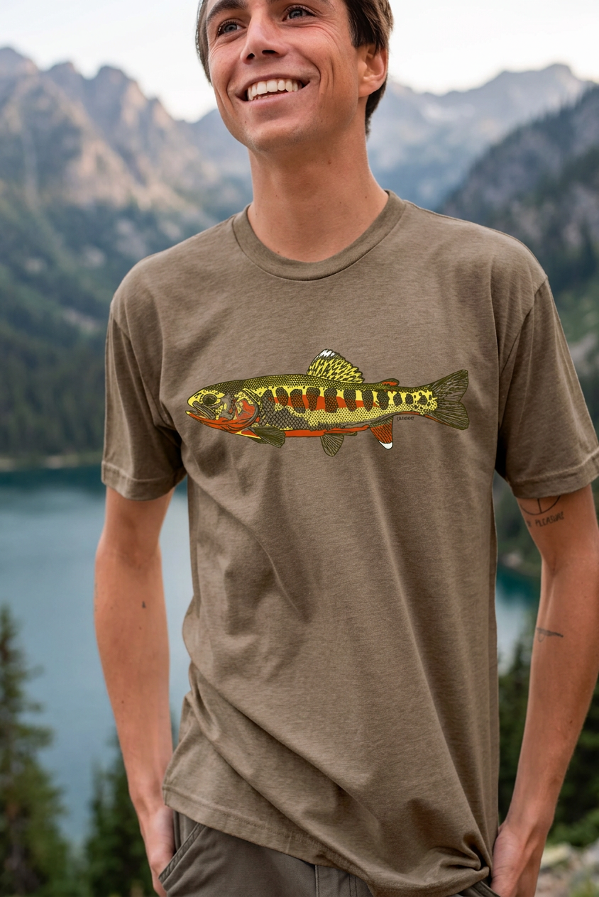 A man wearing a heathered brown t-shirt with a colorfulGolden Trout graphic, standing outdoors in front of a mountain and lake background.
