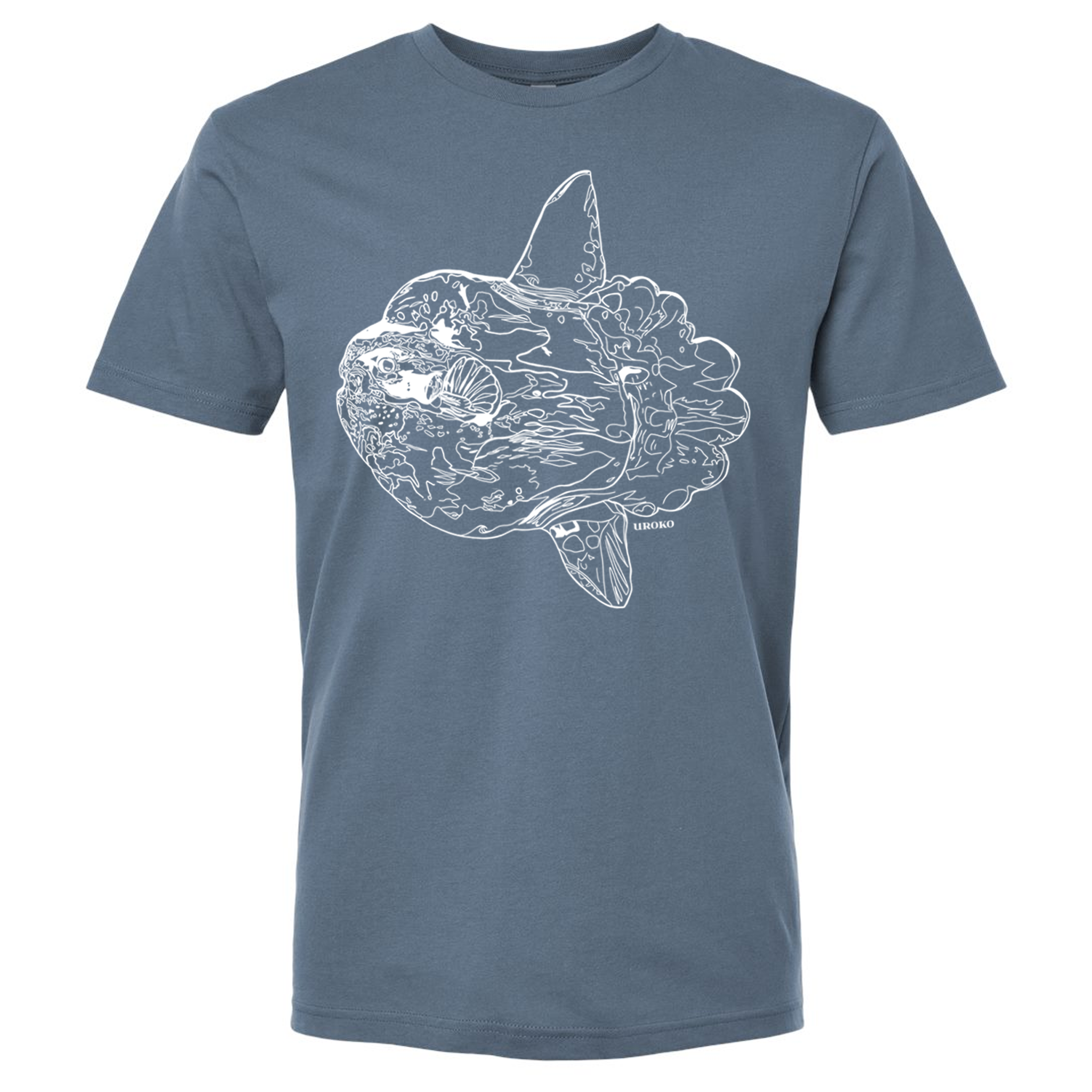 Blue t-shirt with a Mola Mola fish graphic on a white background