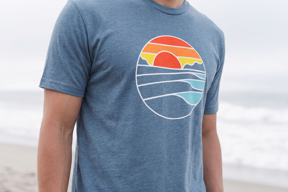 A person wearing a heathered blue t-shirt with a retro circular sunset and ocean graphic on the chest, standing on a beach with the ocean blurred in the background.