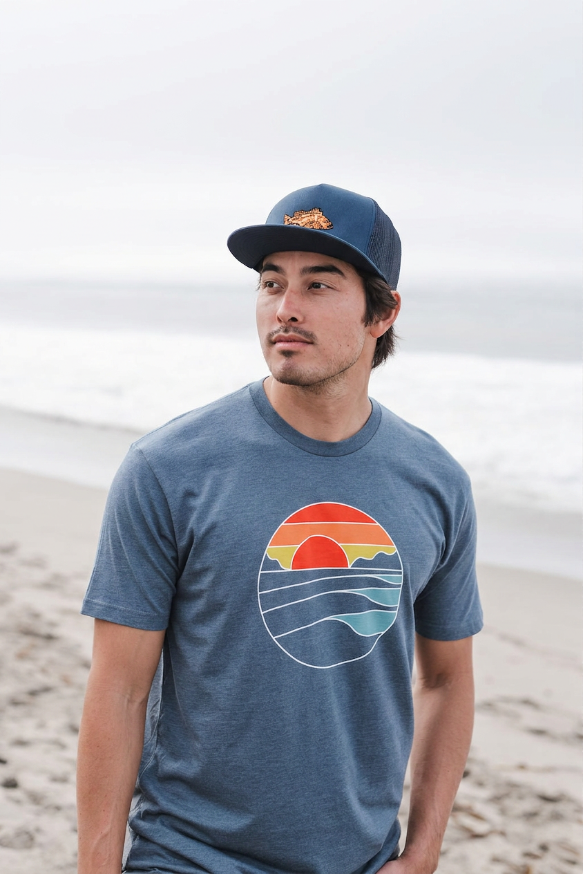 Model wearing the indigo Mountain-to-Sea short-sleeve t-shirt outdoors.