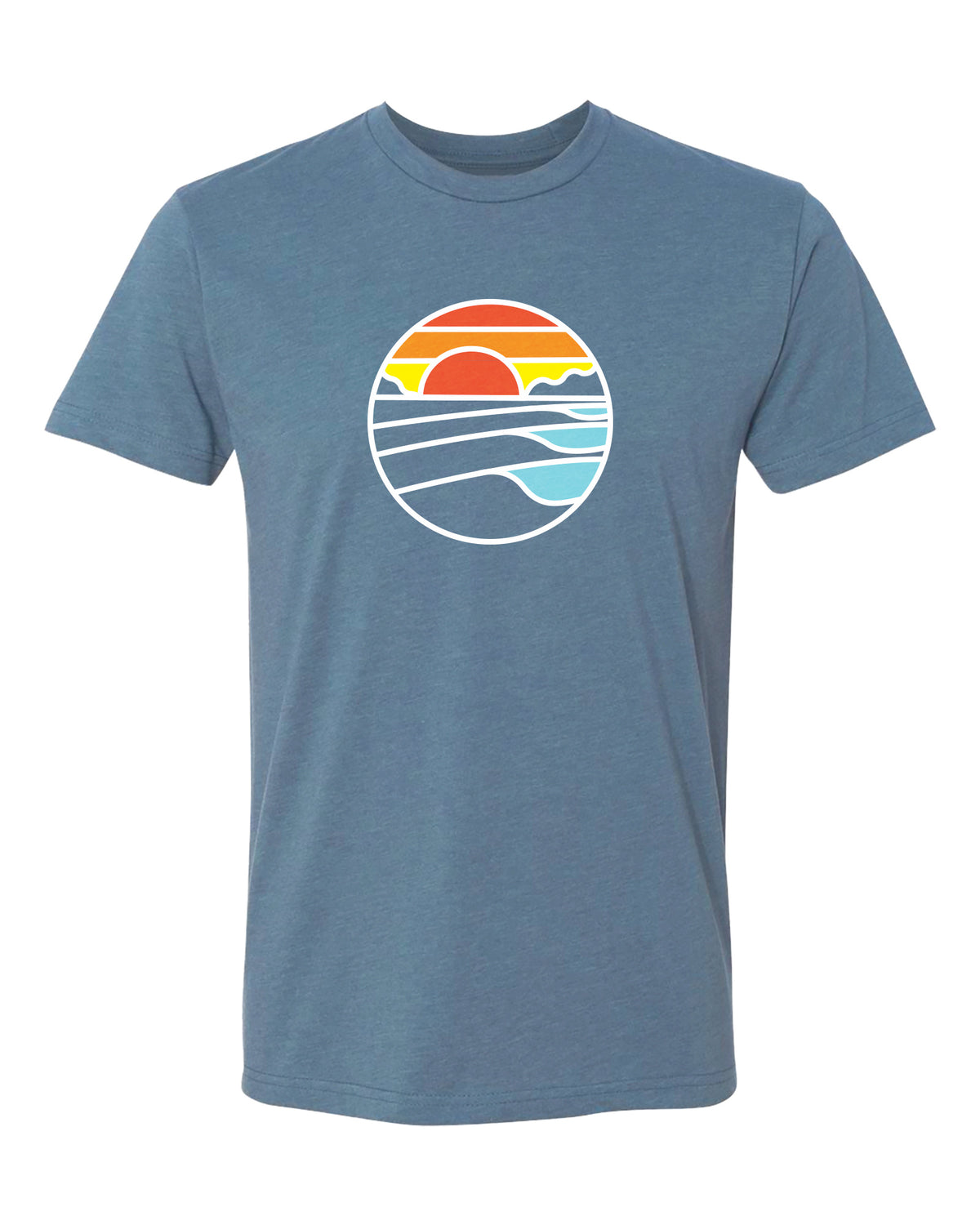 Indigo short-sleeve t-shirt laid flat, featuring a circular Mountain-to-Sea graphic on the chest.
