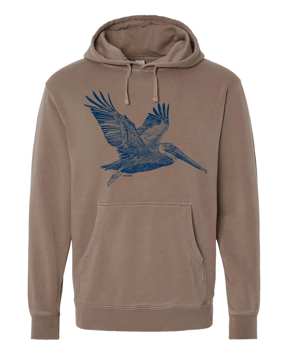 clay pelican t-shirt with blue pelican design