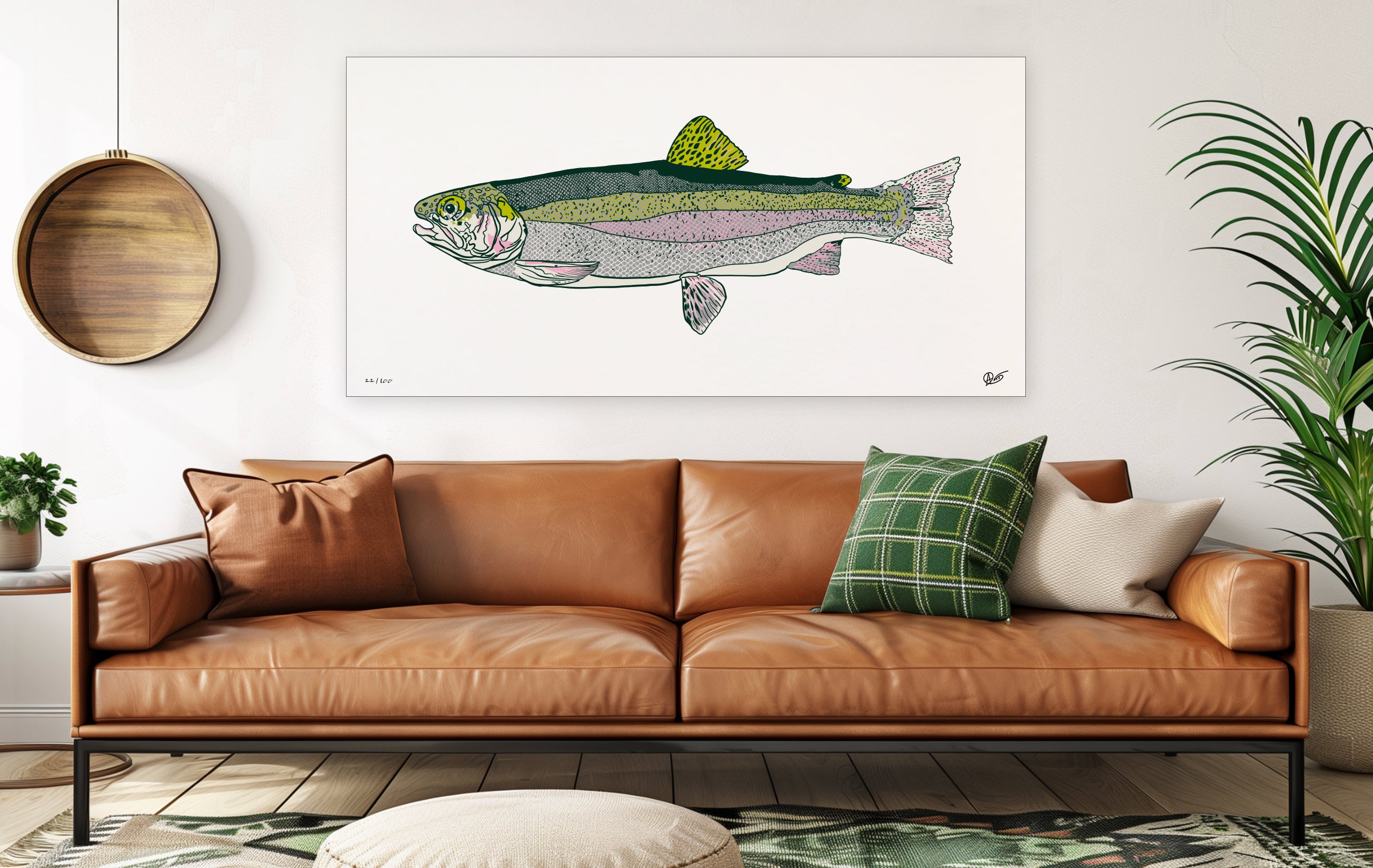 Limited edition rainbow trout canvas print in a large livingroom