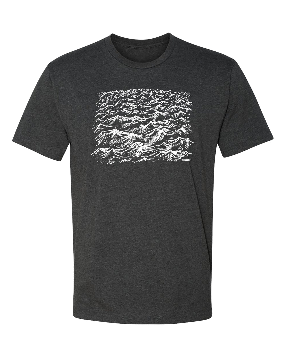 A dark heather gray crewneck t-shirt featuring a white line art graphic of layered waves on the chest, displayed against a solid white background.