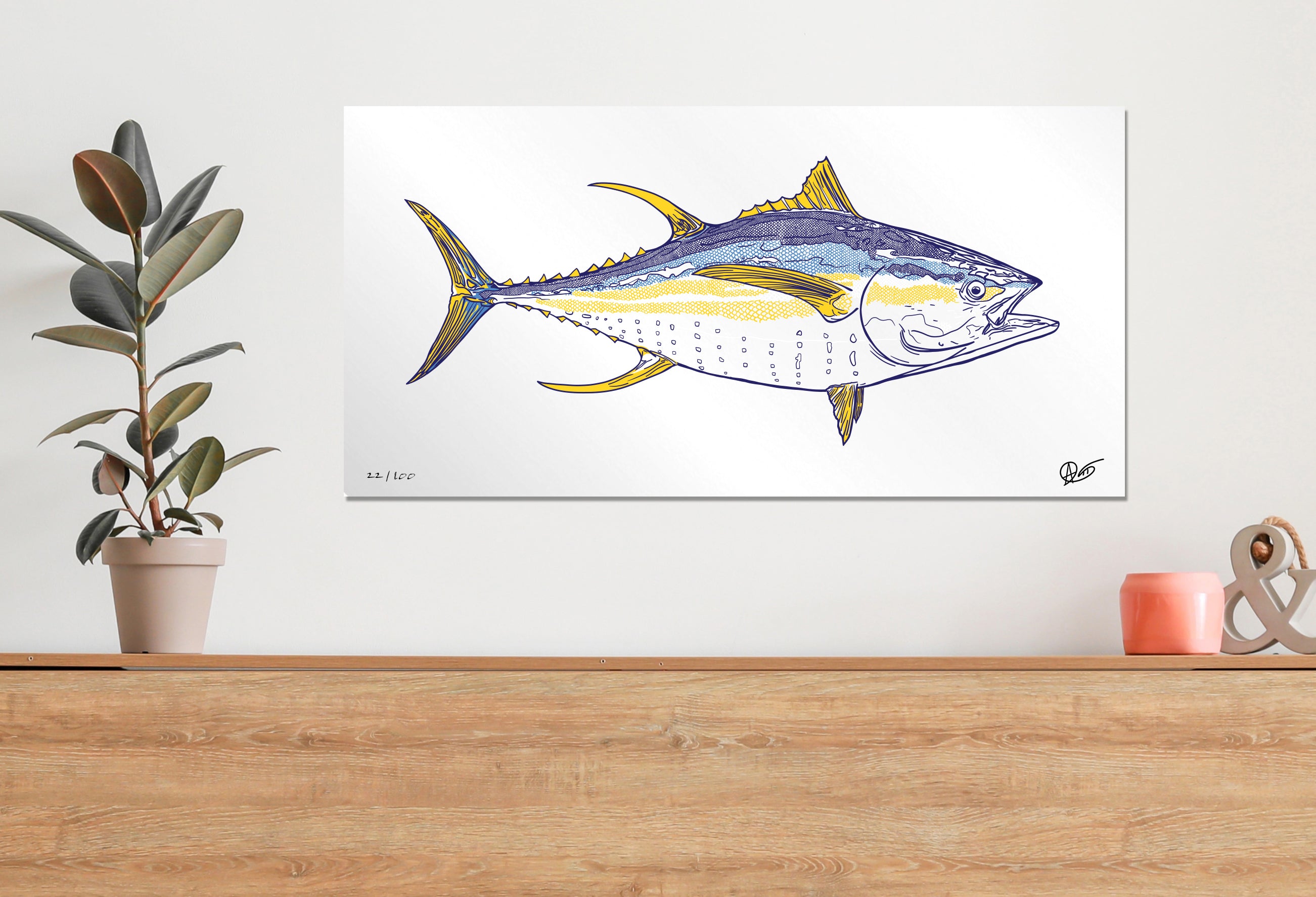 Limited edition dorado yellowfin tuna print above a dresser